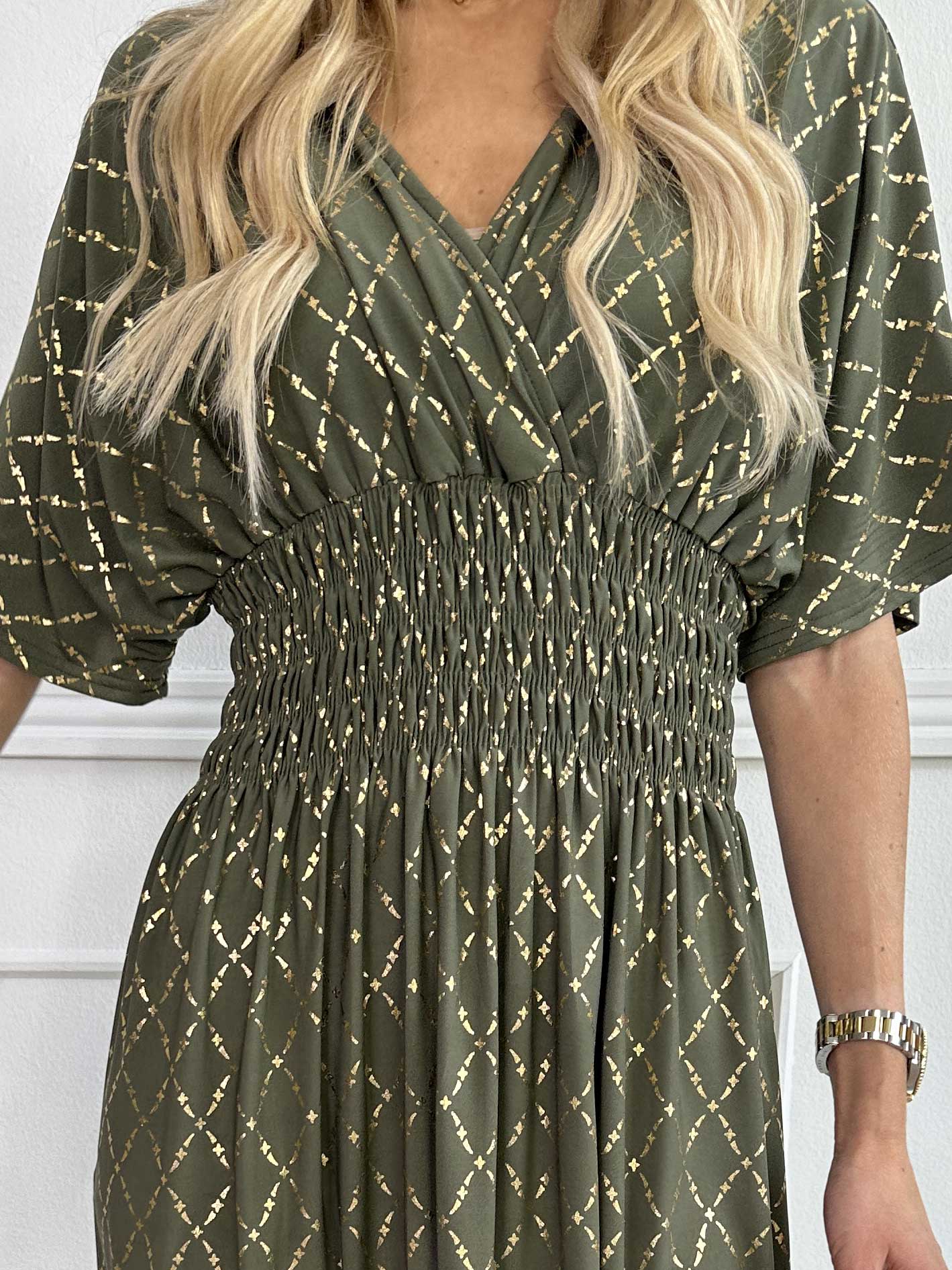 Pams Gold Check - Lang elastisk kjole med guld detaljer