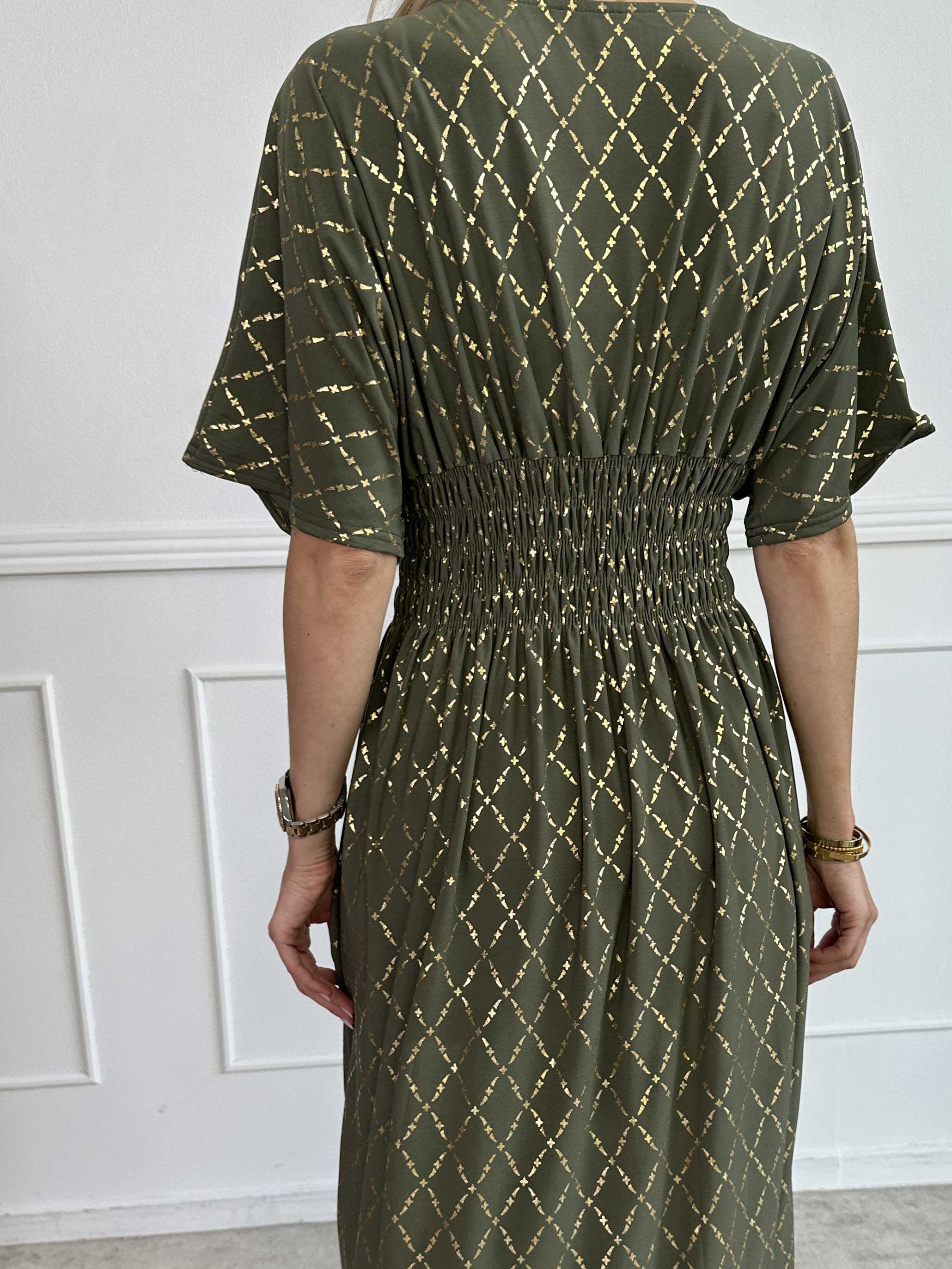 Pams Gold Check - Lang elastisk kjole med guld detaljer