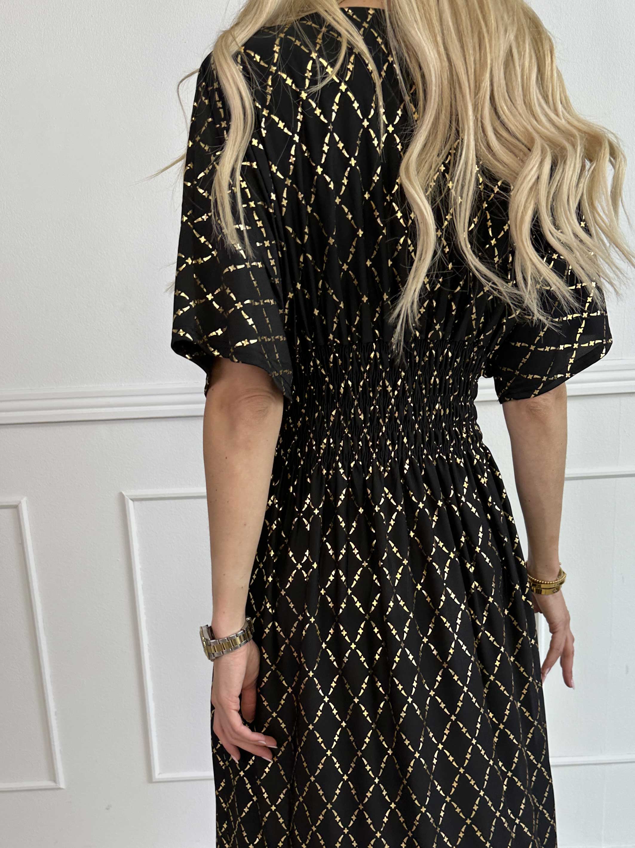 Pams Gold Check - Lang elastisk kjole med guld detaljer