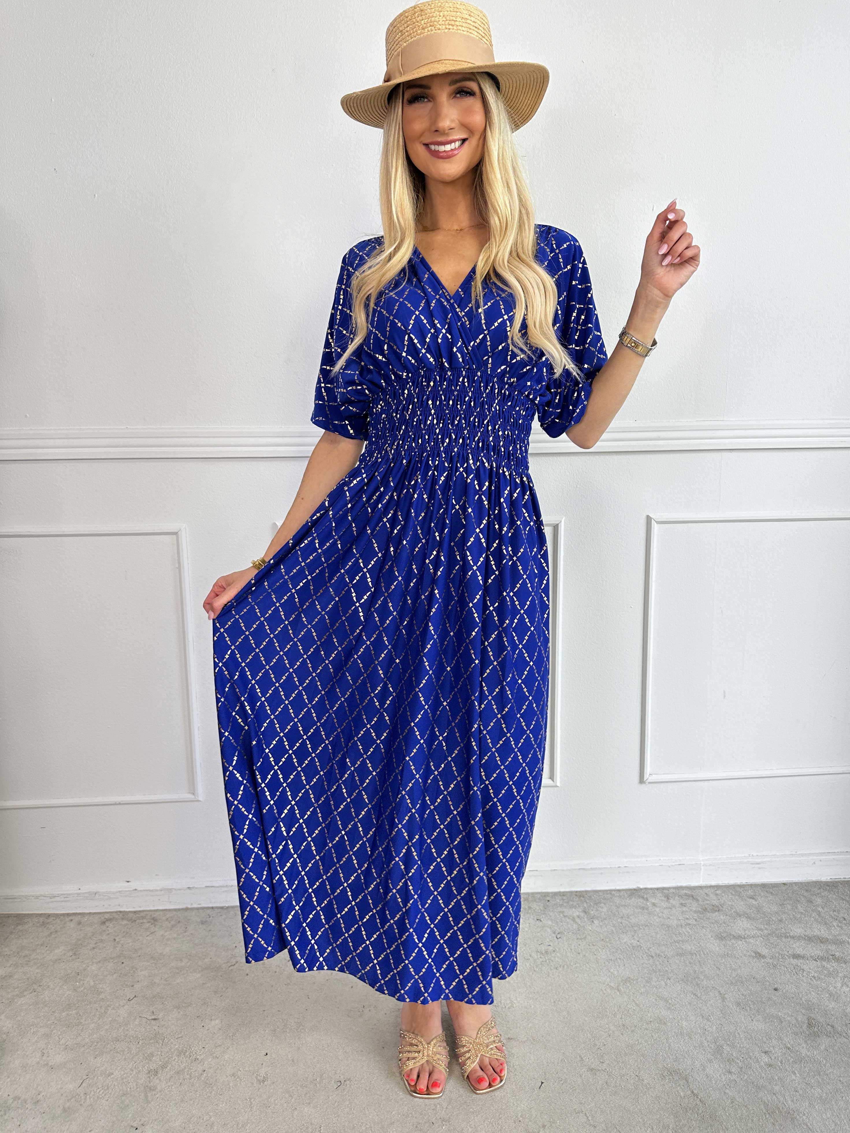 Pams Gold Check - Lang elastisk kjole med guld detaljer