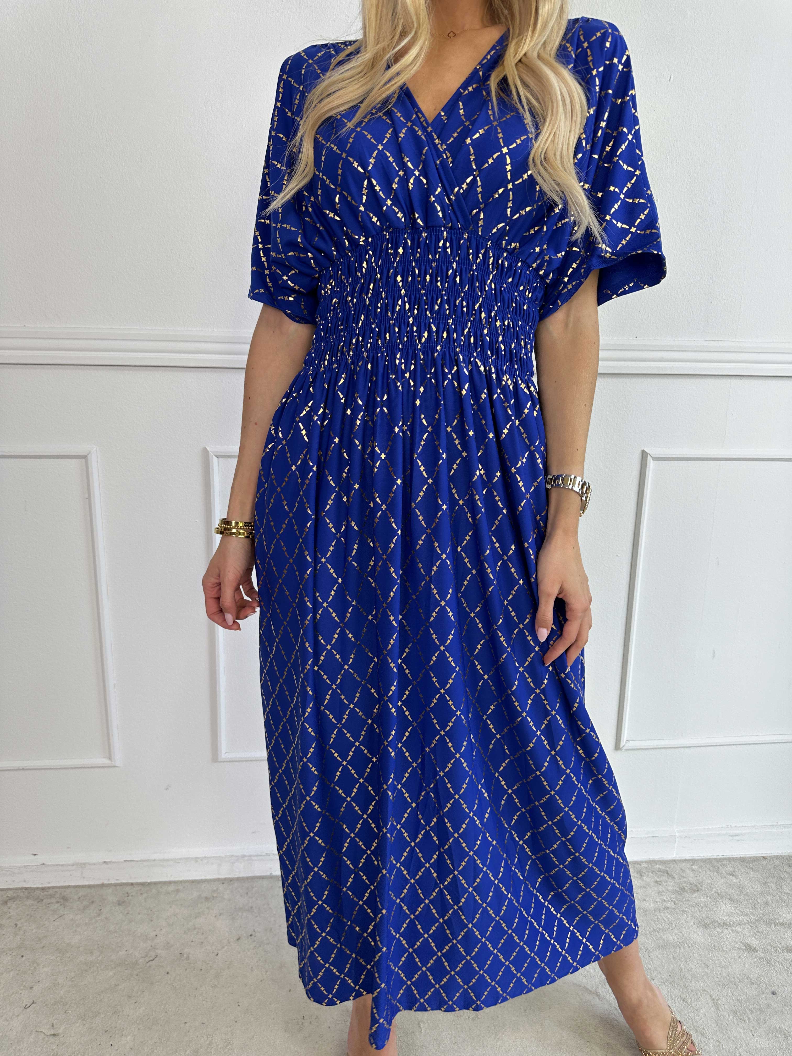 Pams Gold Check - Lang elastisk kjole med guld detaljer