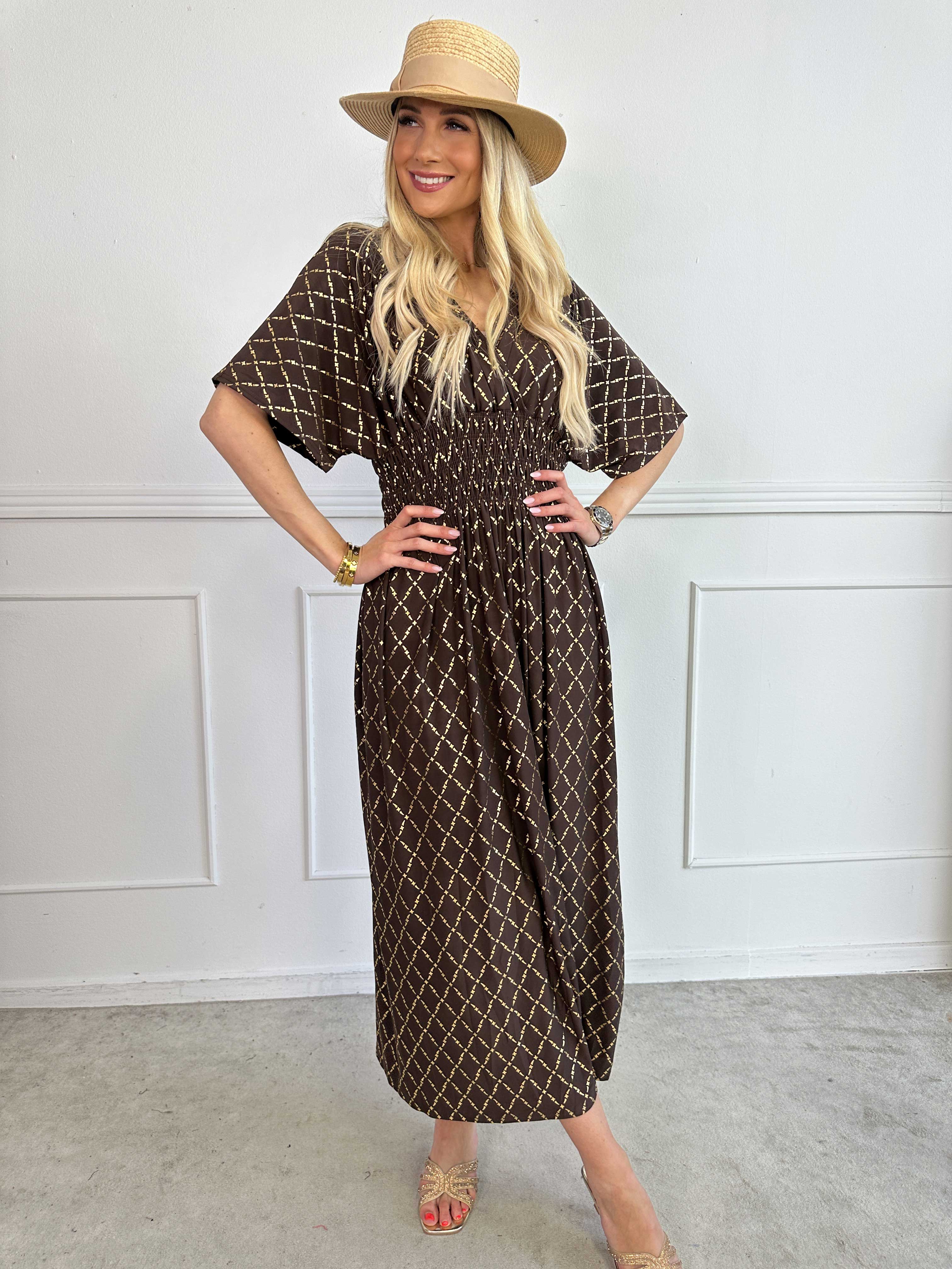 Pams Gold Check - Lang elastisk kjole med guld detaljer