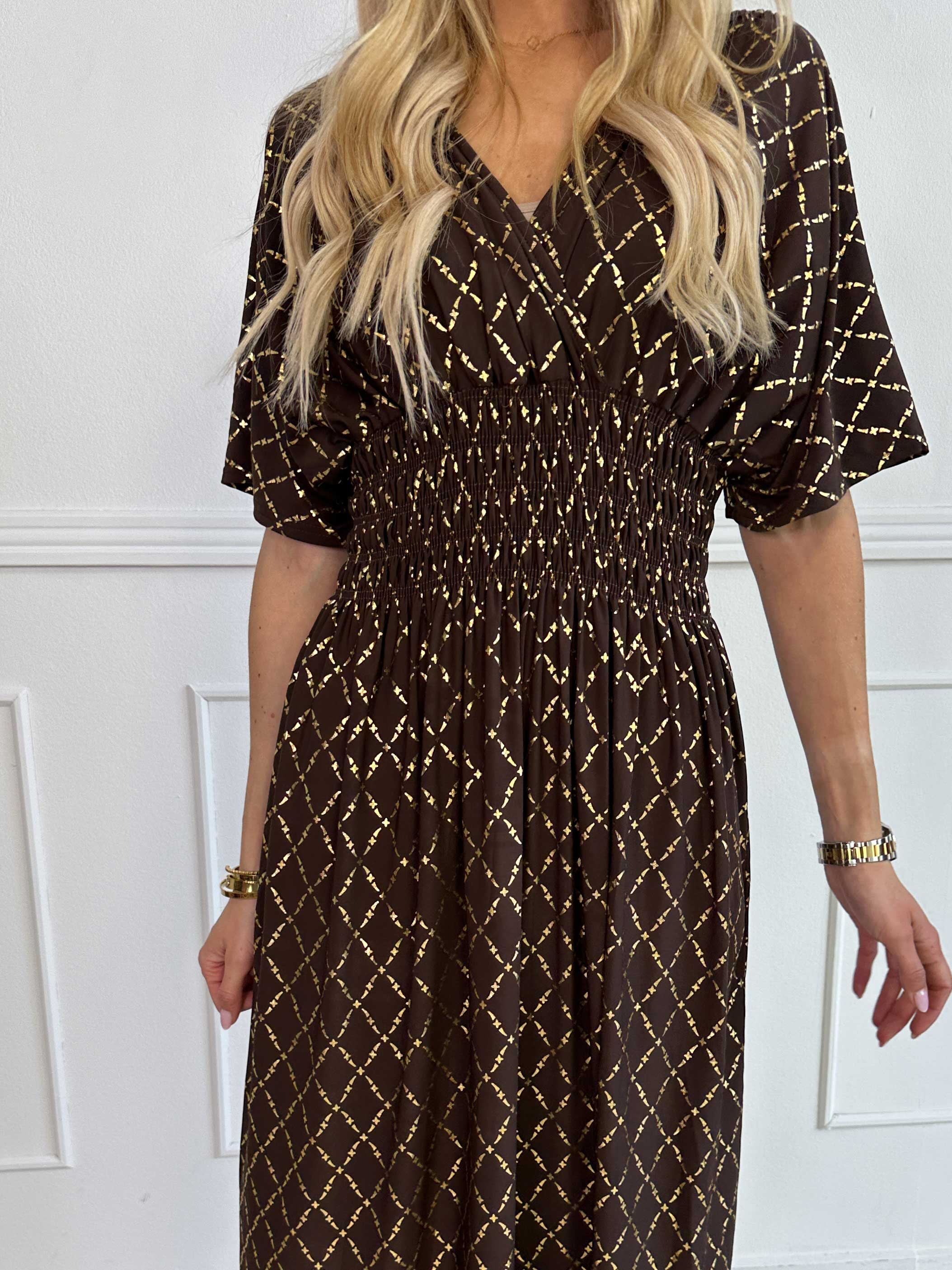 Pams Gold Check - Lang elastisk kjole med guld detaljer