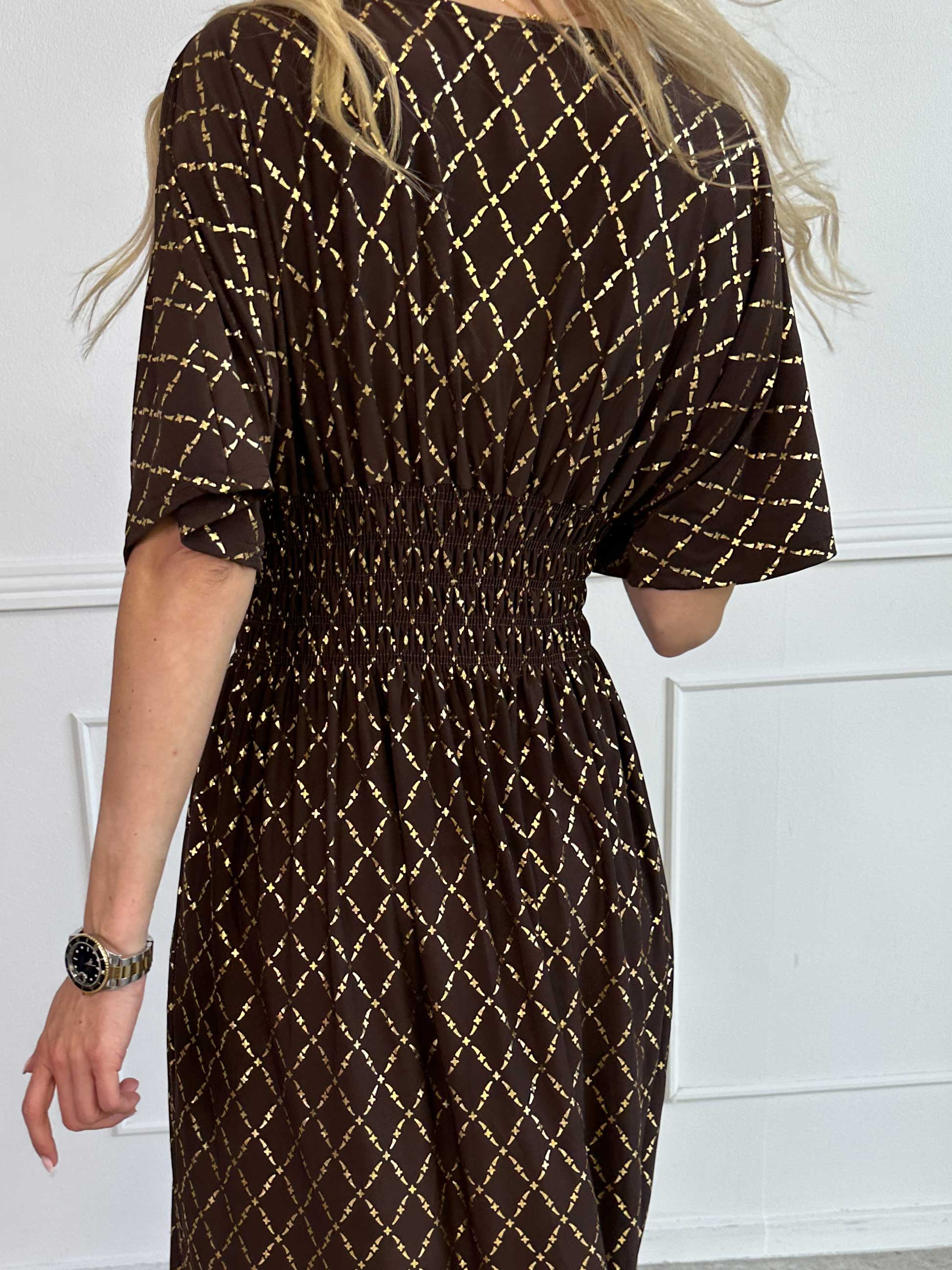 Pams Gold Check - Lang elastisk kjole med guld detaljer