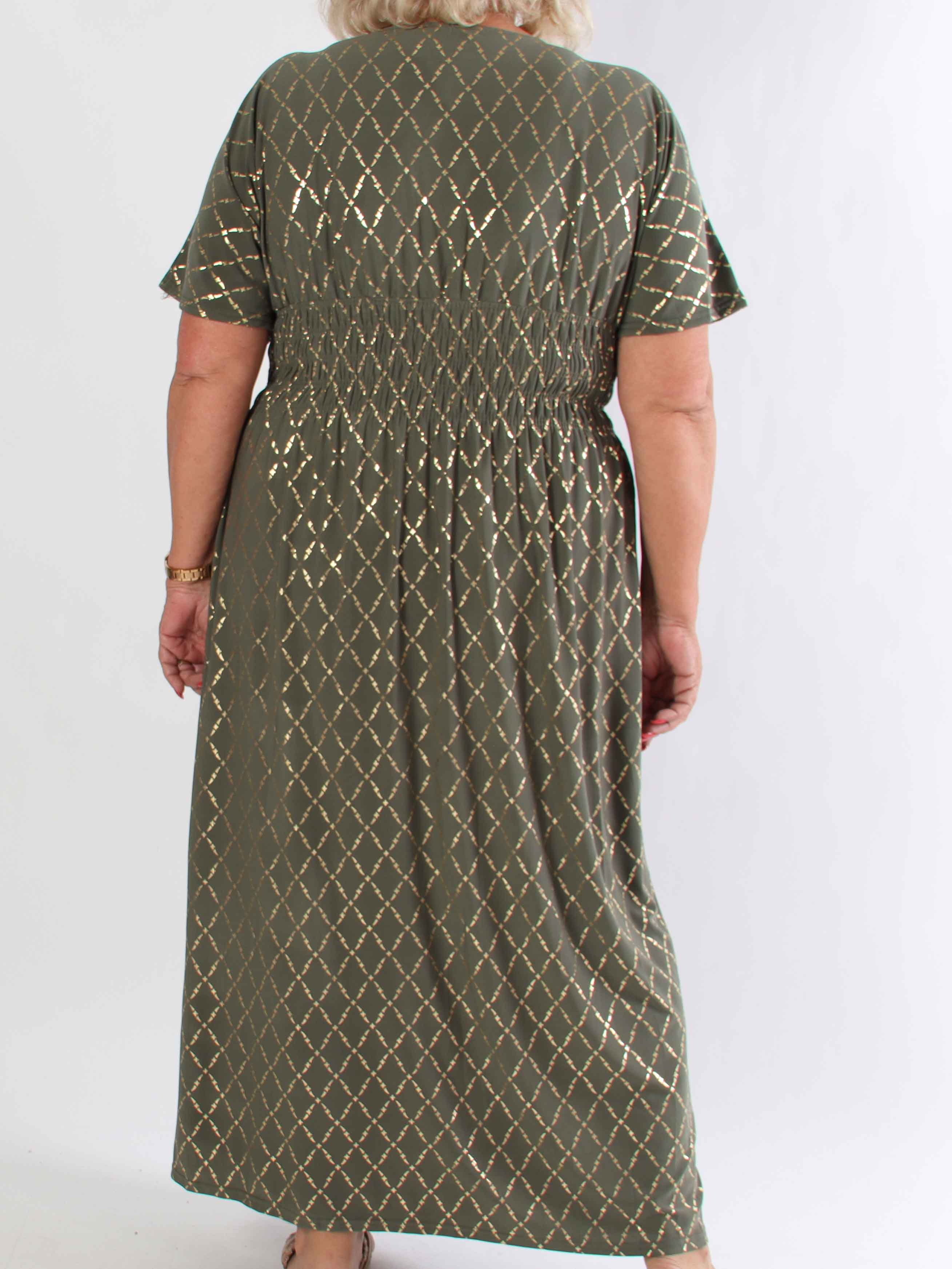 Pams Gold Check - Lang elastisk plus size kjole med guld detaljer