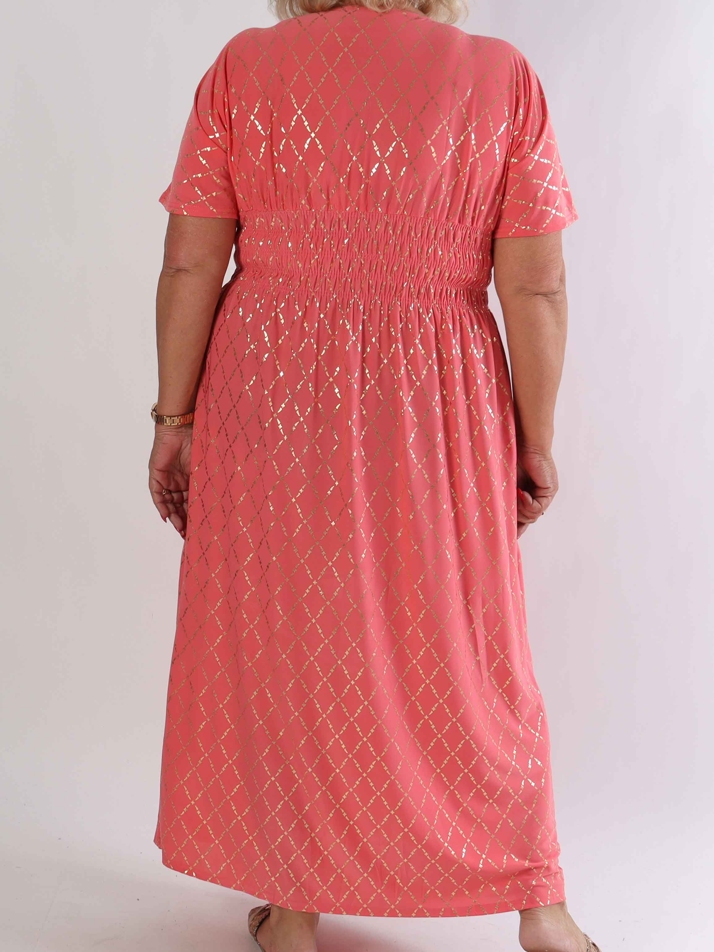 Pams Gold Check - Lang elastisk plus size kjole med guld detaljer