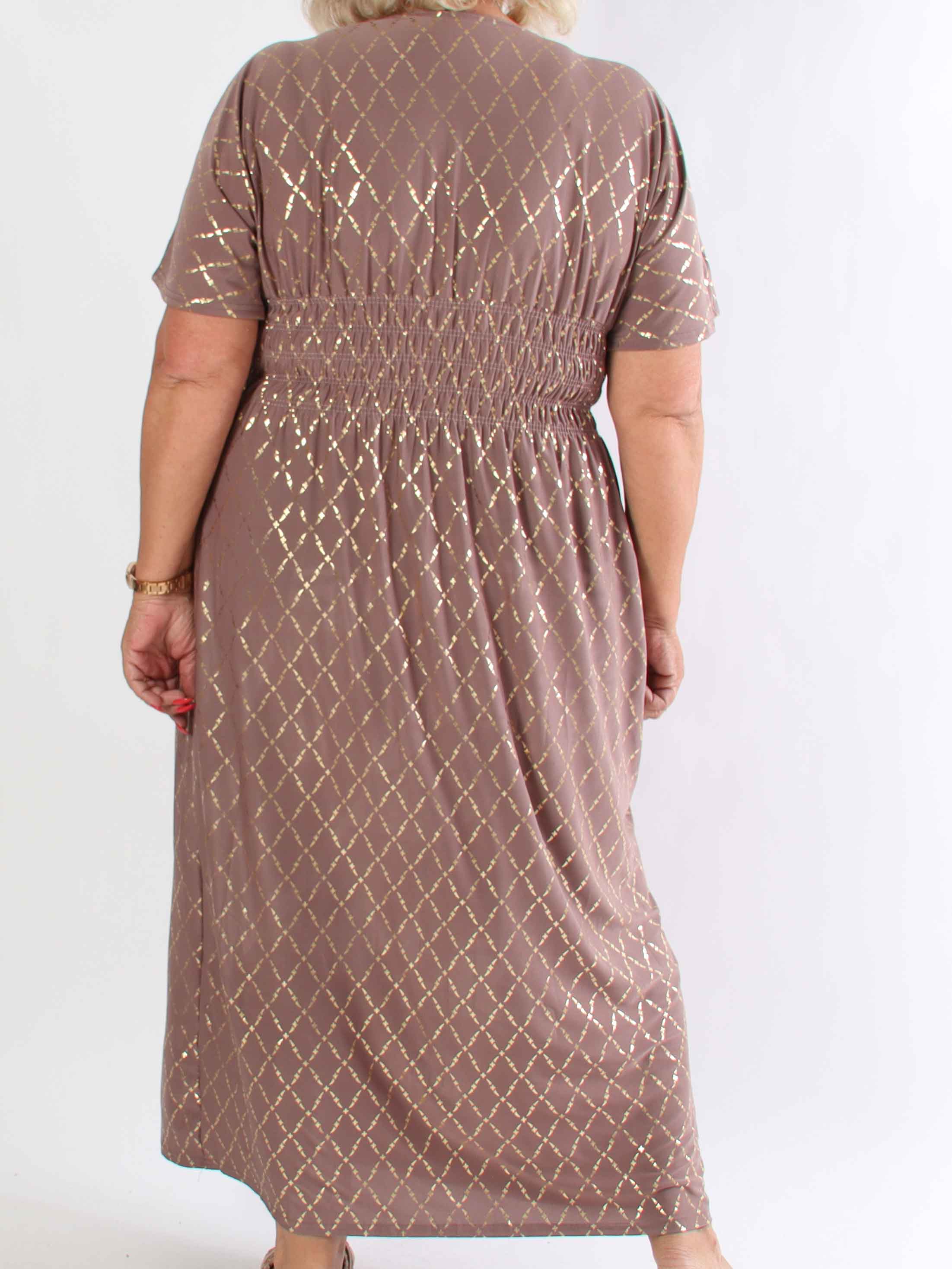 Pams Gold Check - Lang elastisk plus size kjole med guld detaljer