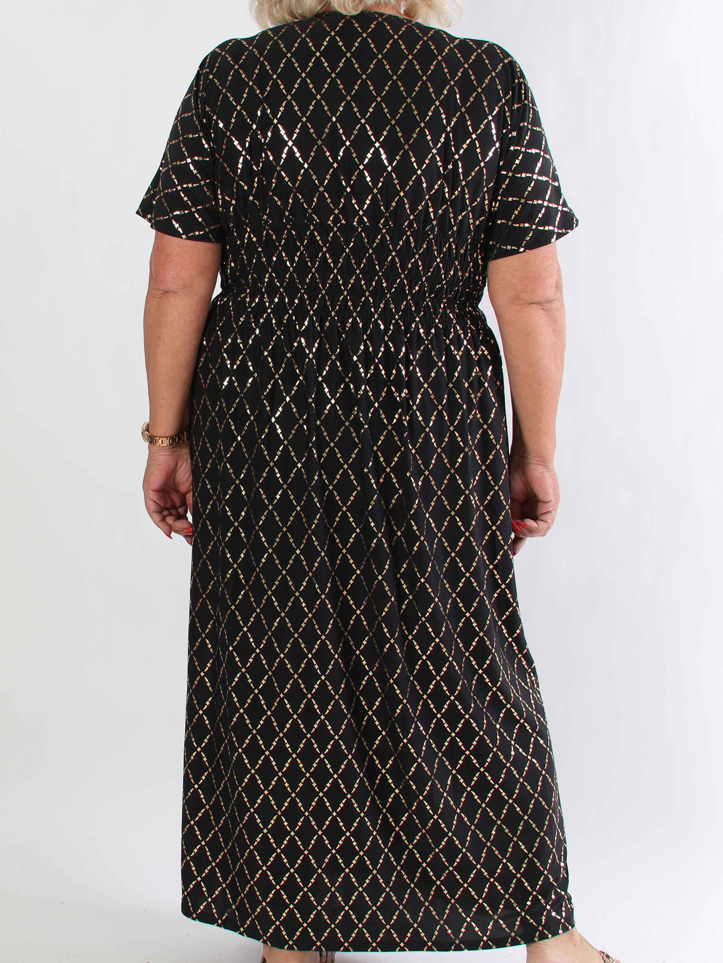 Pams Gold Check - Lang elastisk plus size kjole med guld detaljer