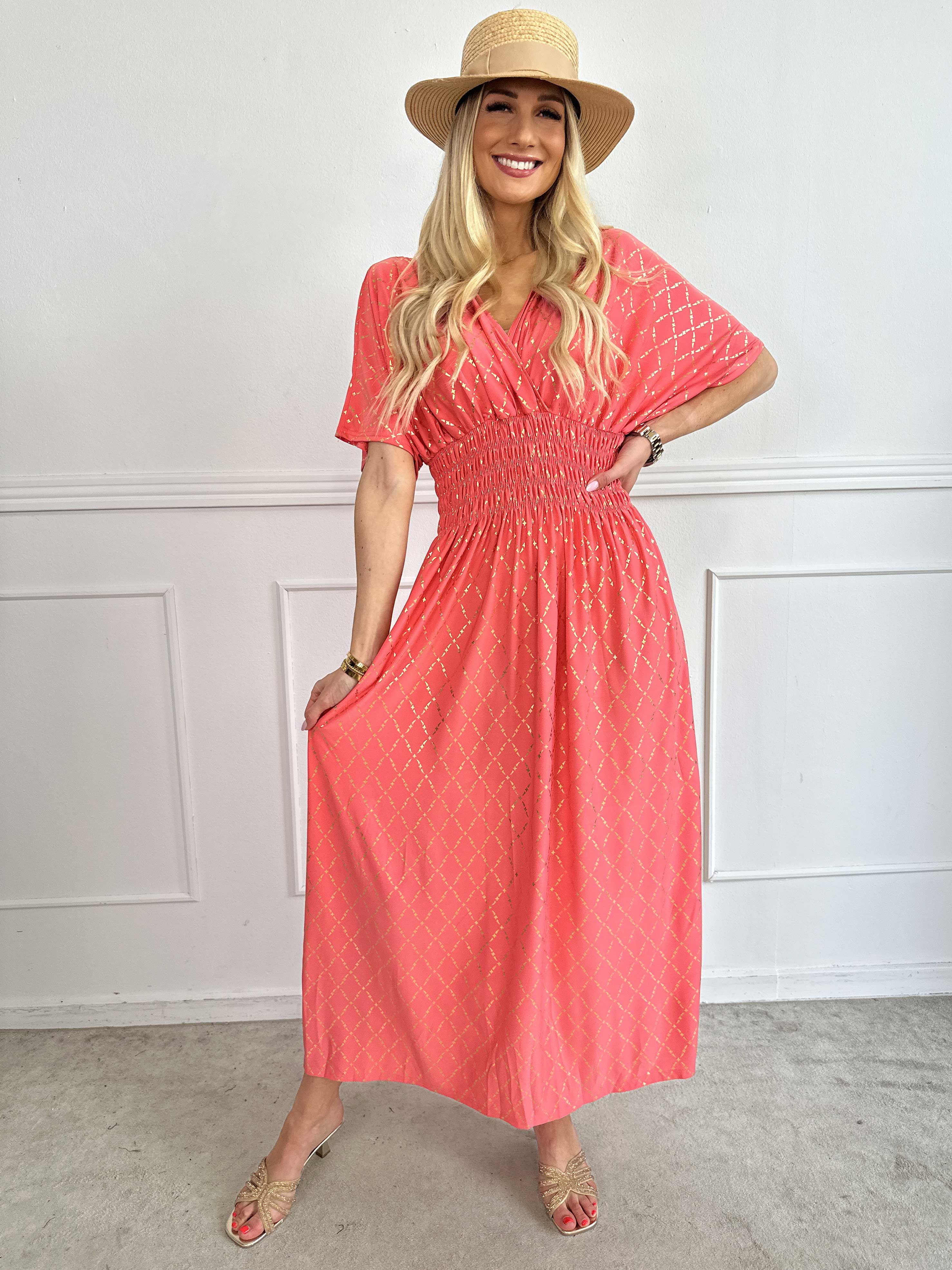 Pams Gold Check - Lang elastisk kjole med guld detaljer