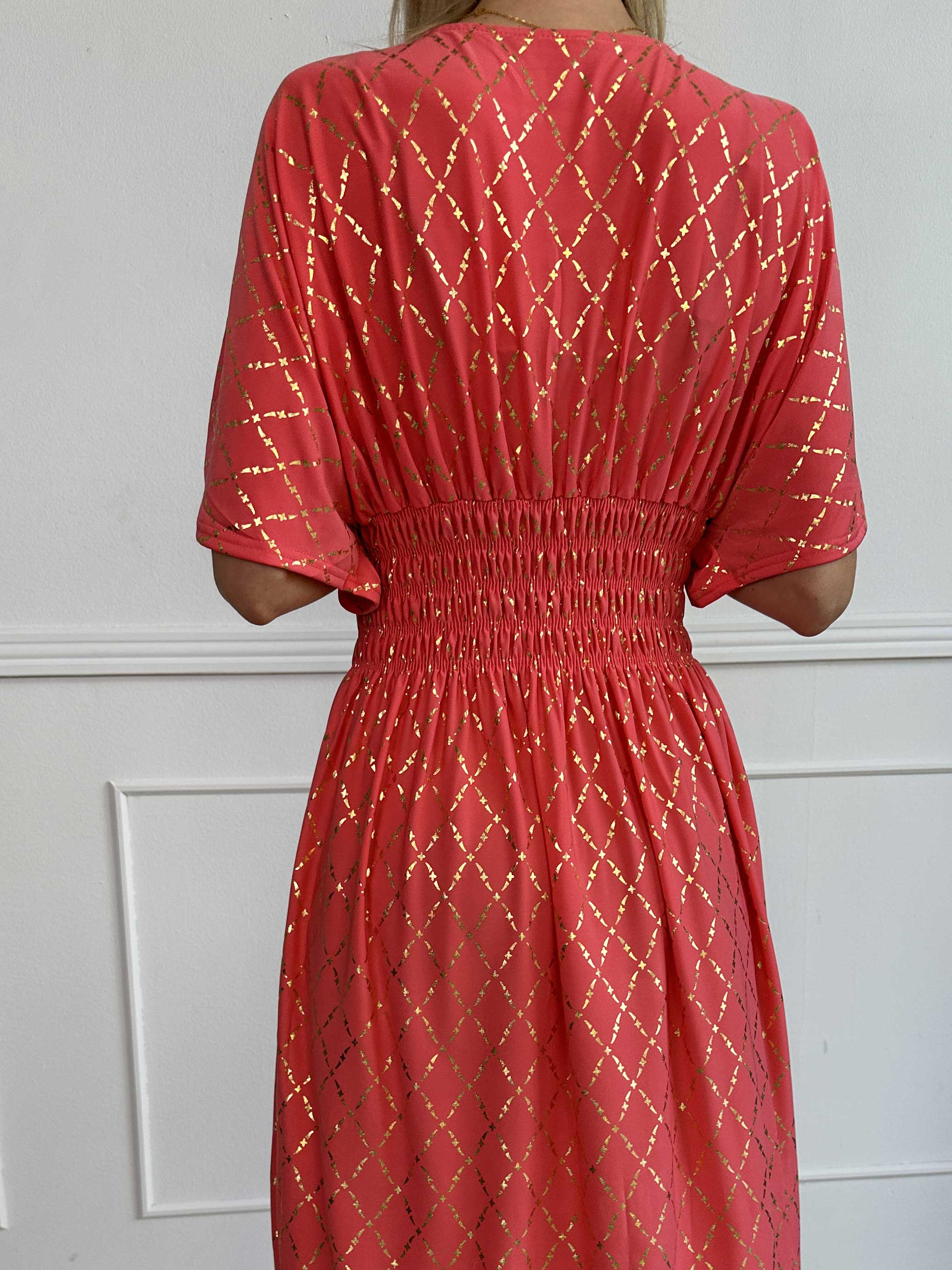 Pams Gold Check - Lang elastisk kjole med guld detaljer