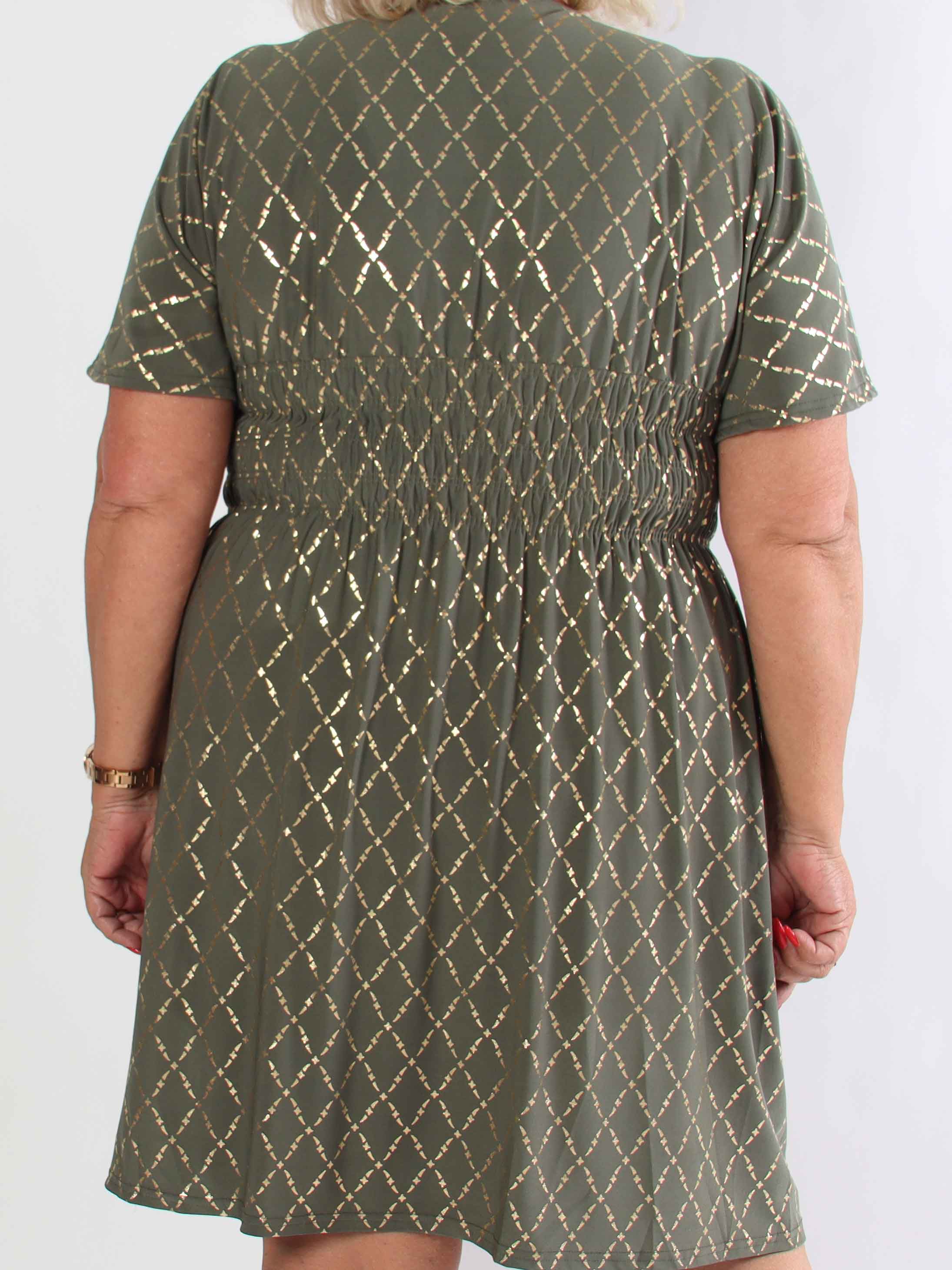 Pams Gold Check Short - Kort elastisk plus size kjole med guld detaljer