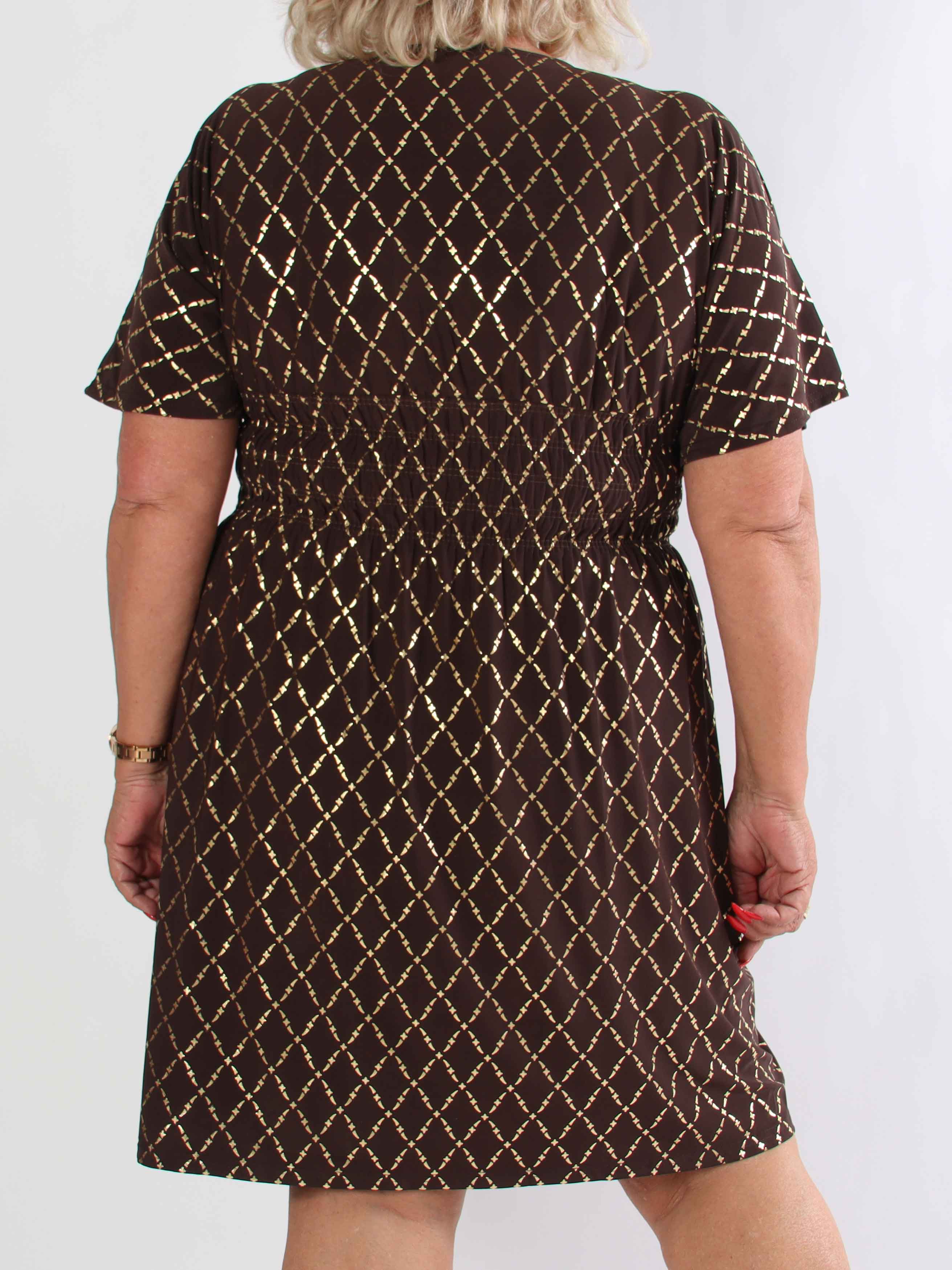 Pams Gold Check Short - Kort elastisk plus size kjole med guld detaljer