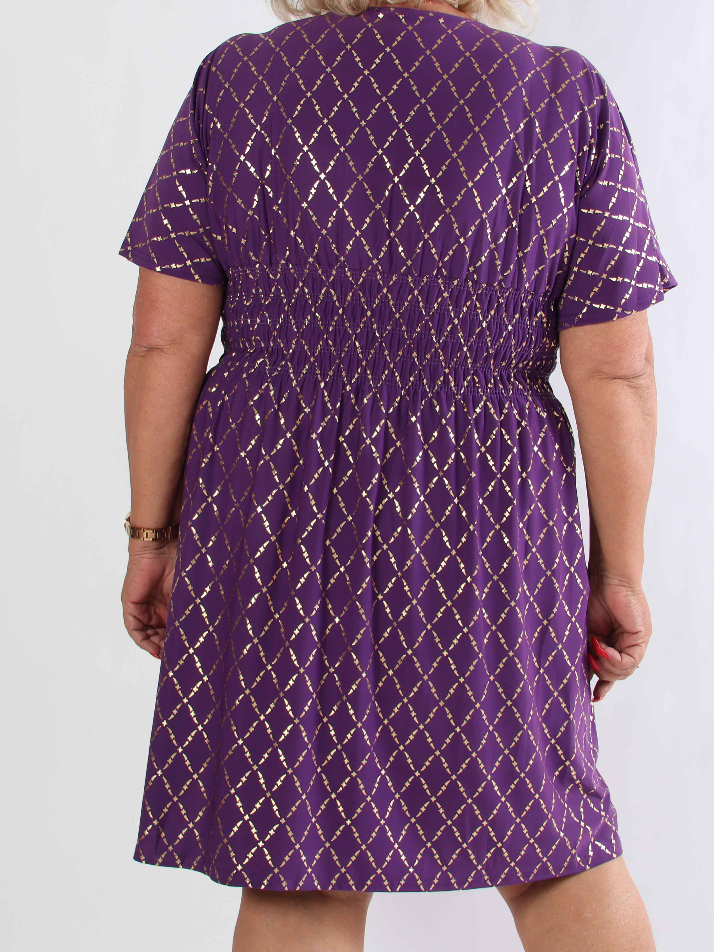 Pams Gold Check Short - Kort elastisk plus size kjole med guld detaljer