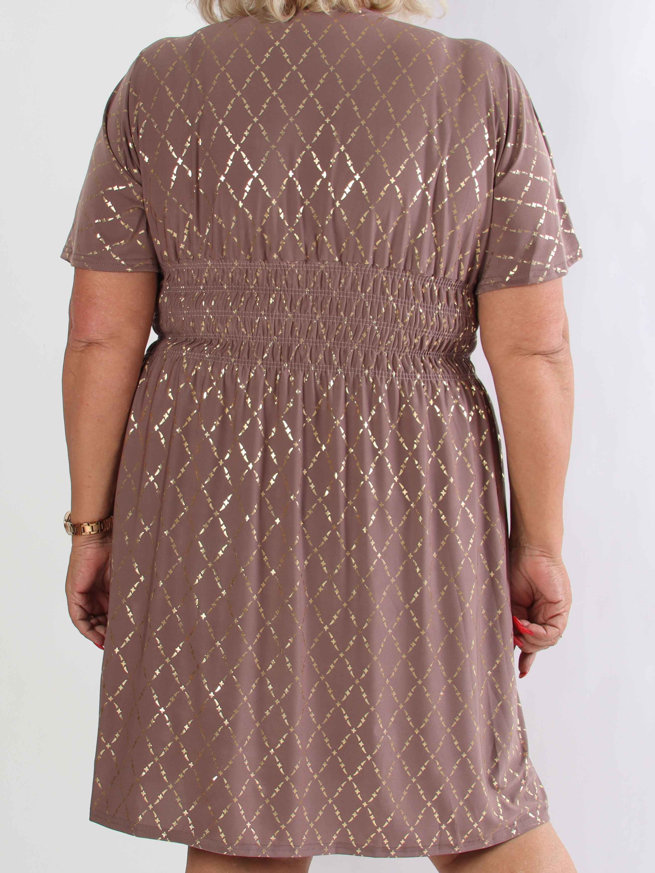 Pams Gold Check Short - Kort elastisk plus size kjole med guld detaljer