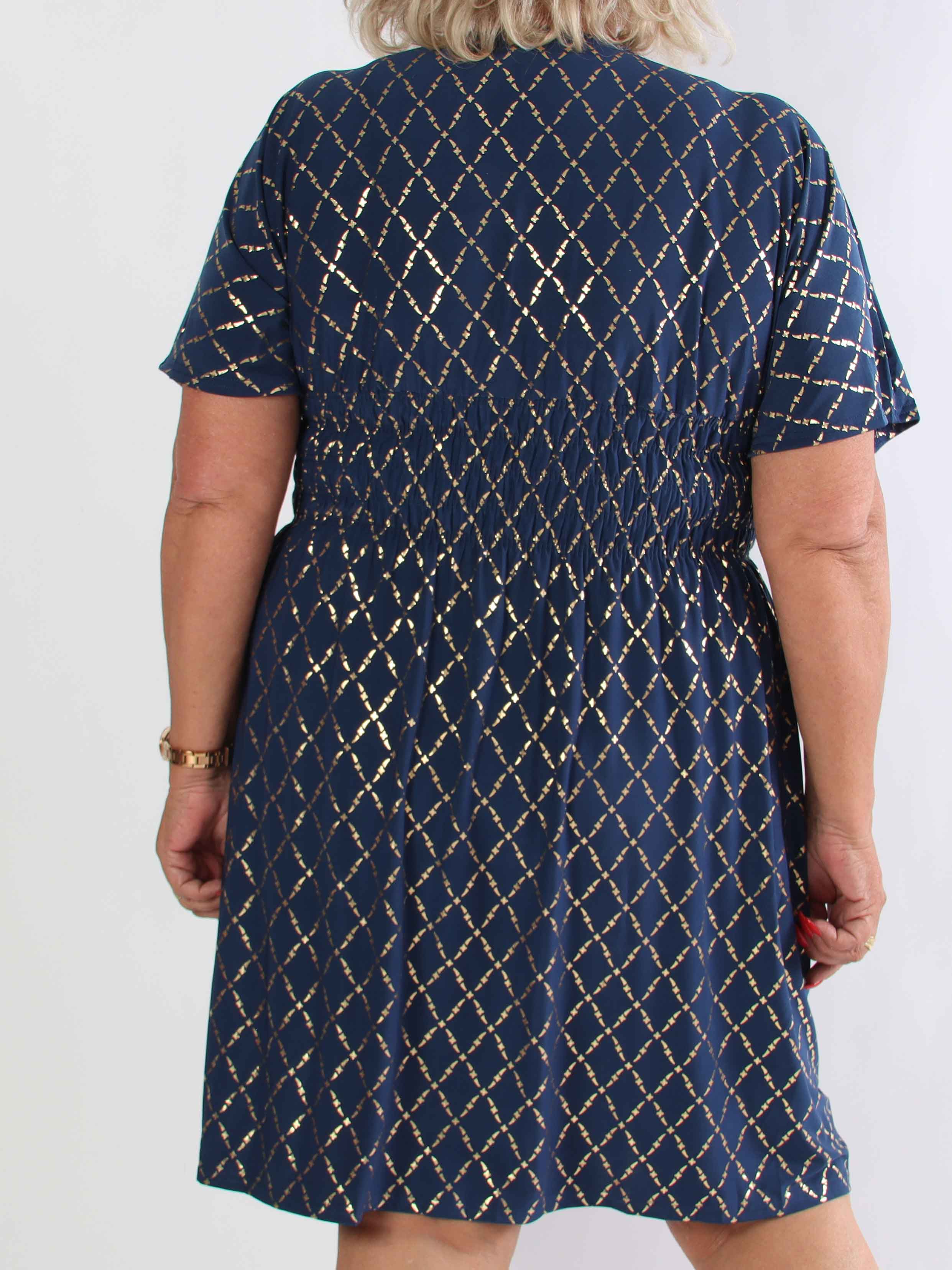 Pams Gold Check Short - Kort elastisk plus size kjole med guld detaljer