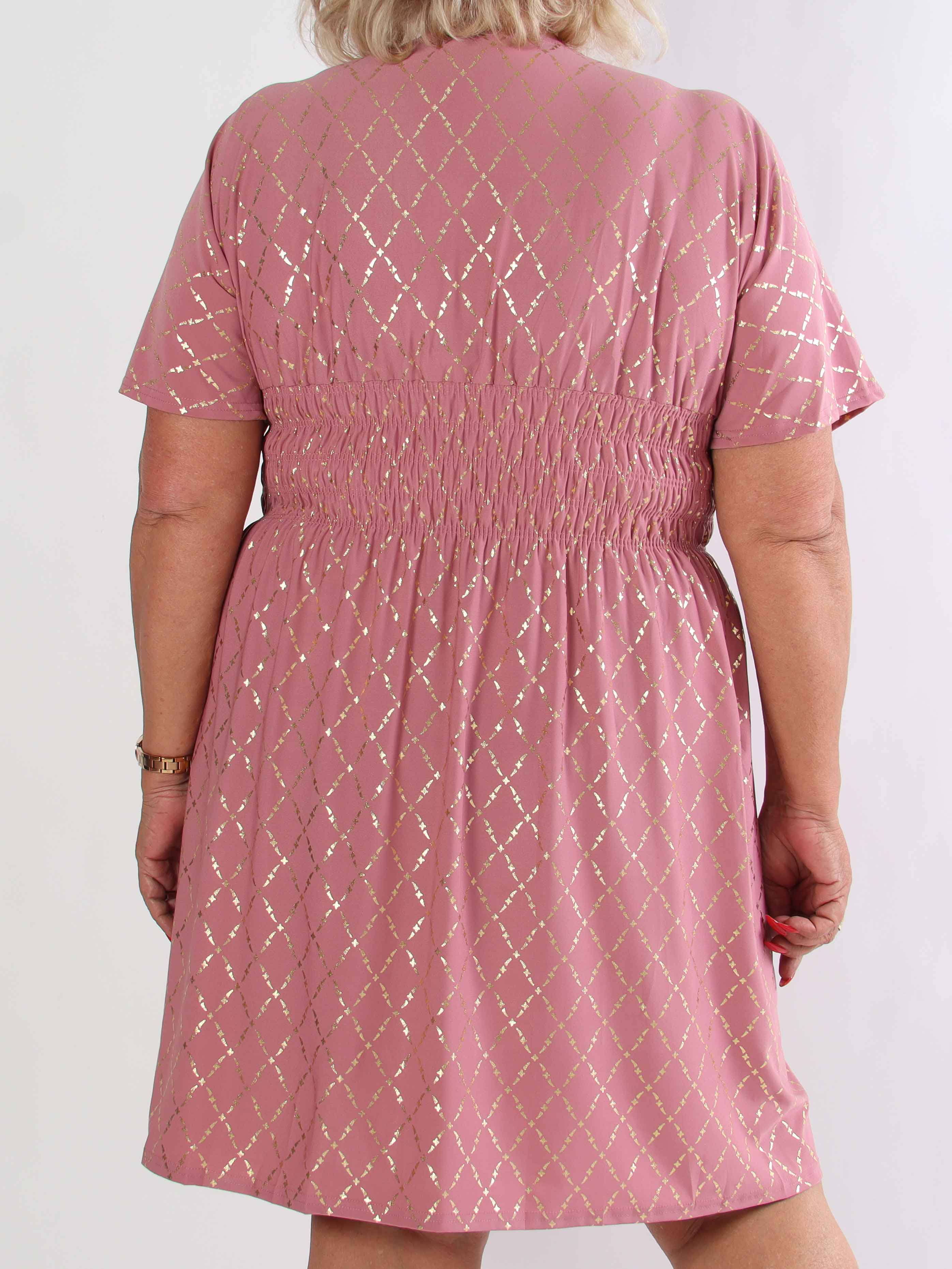 Pams Gold Check Short - Kort elastisk plus size kjole med guld detaljer