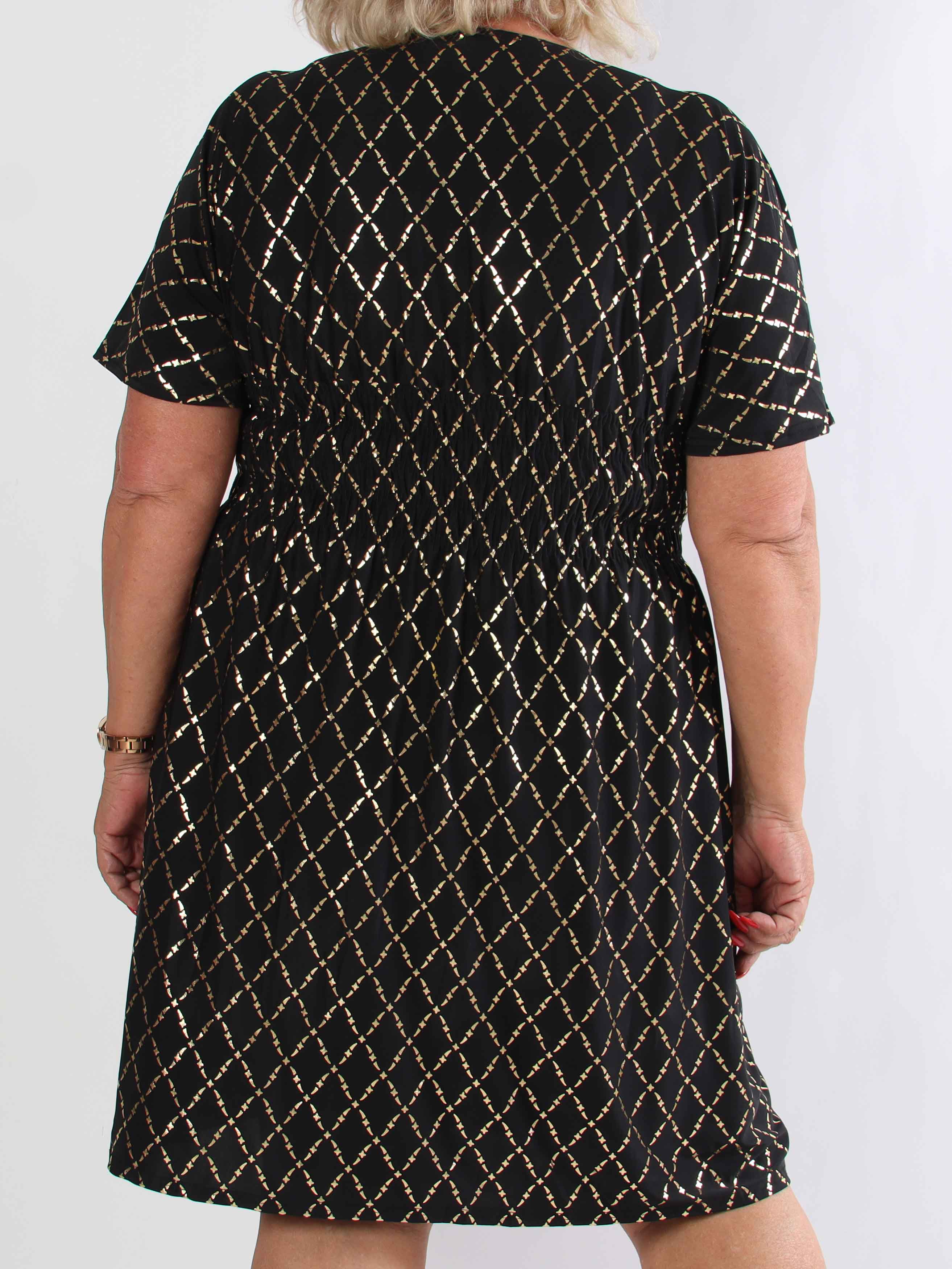 Pams Gold Check Short - Kort elastisk plus size kjole med guld detaljer