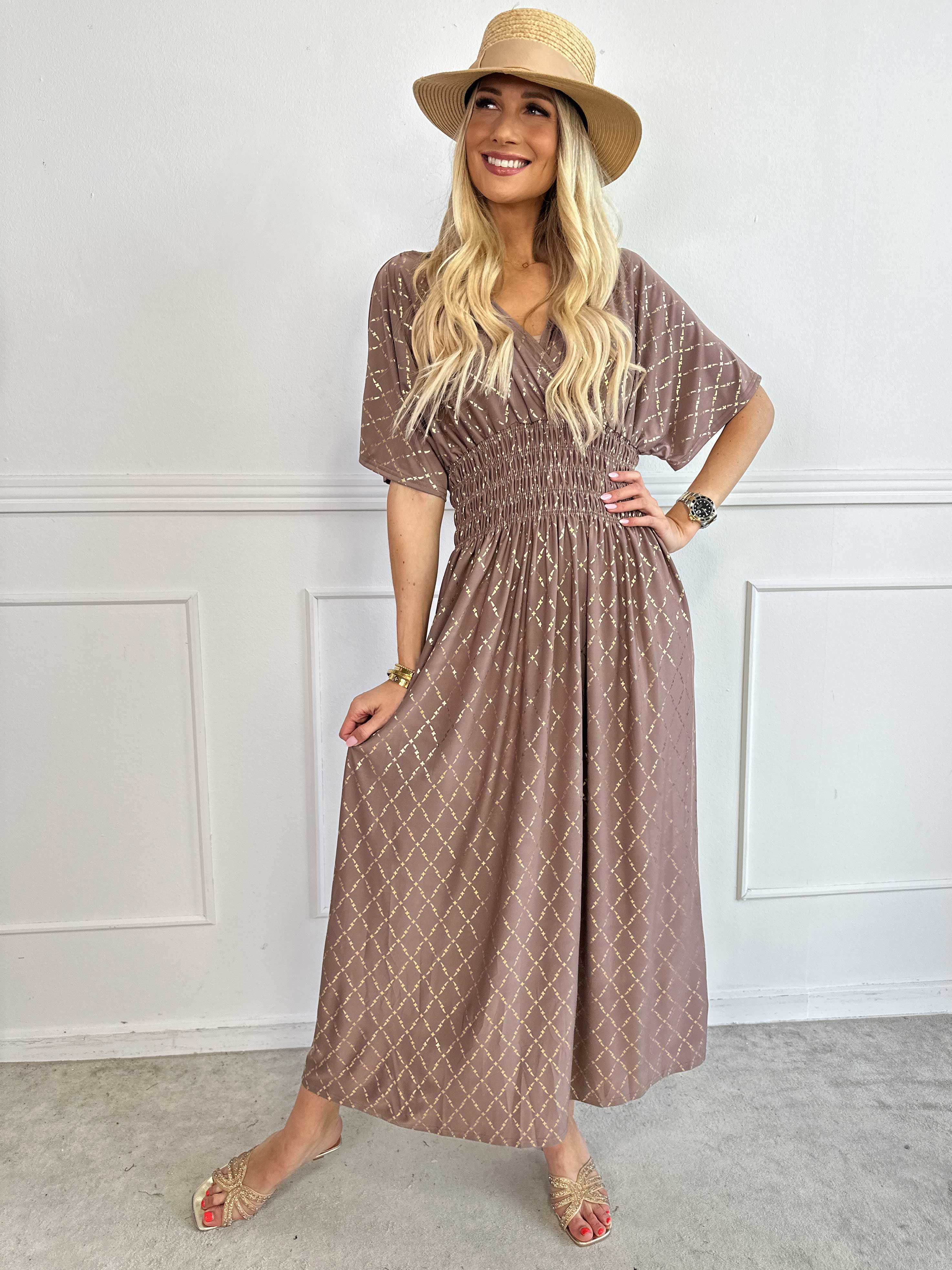 Pams Gold Check - Lang elastisk kjole med guld detaljer