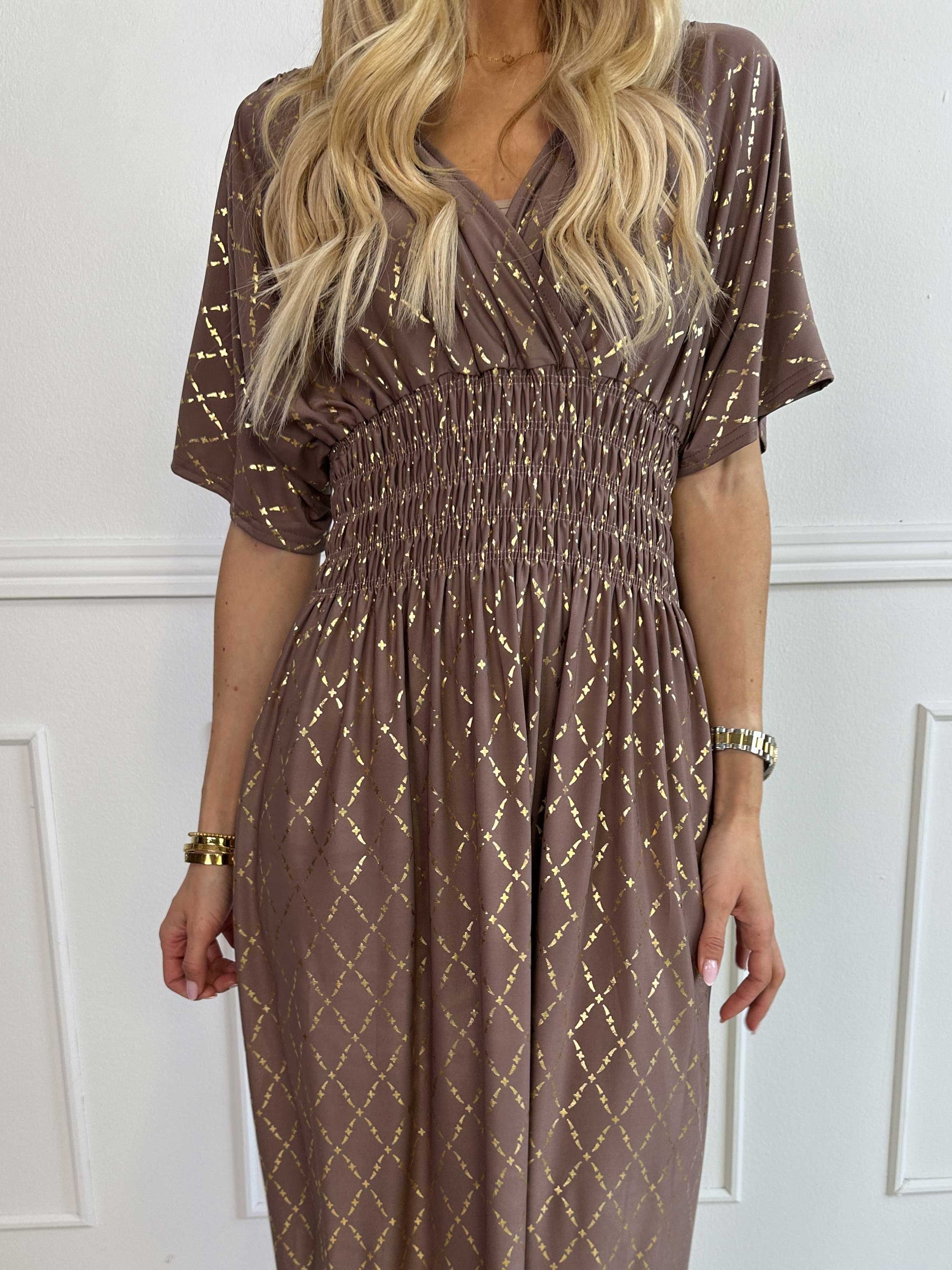 Pams Gold Check - Lang elastisk kjole med guld detaljer