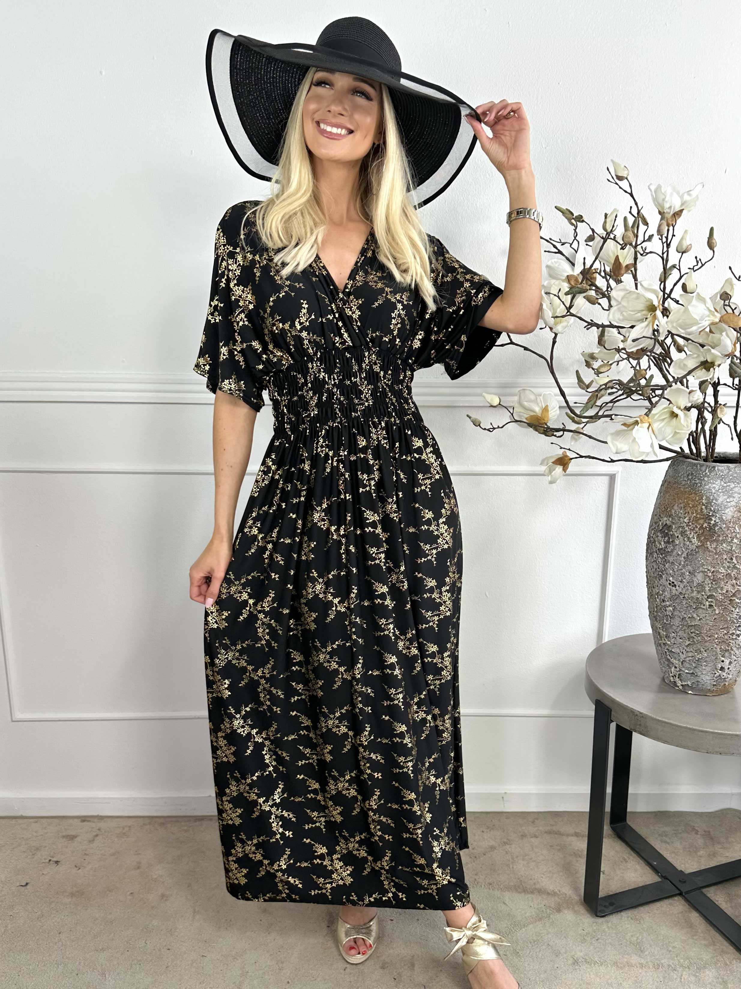 Pams Gold - Ensfarvet kjole i elastisk stof med gulddetaljer