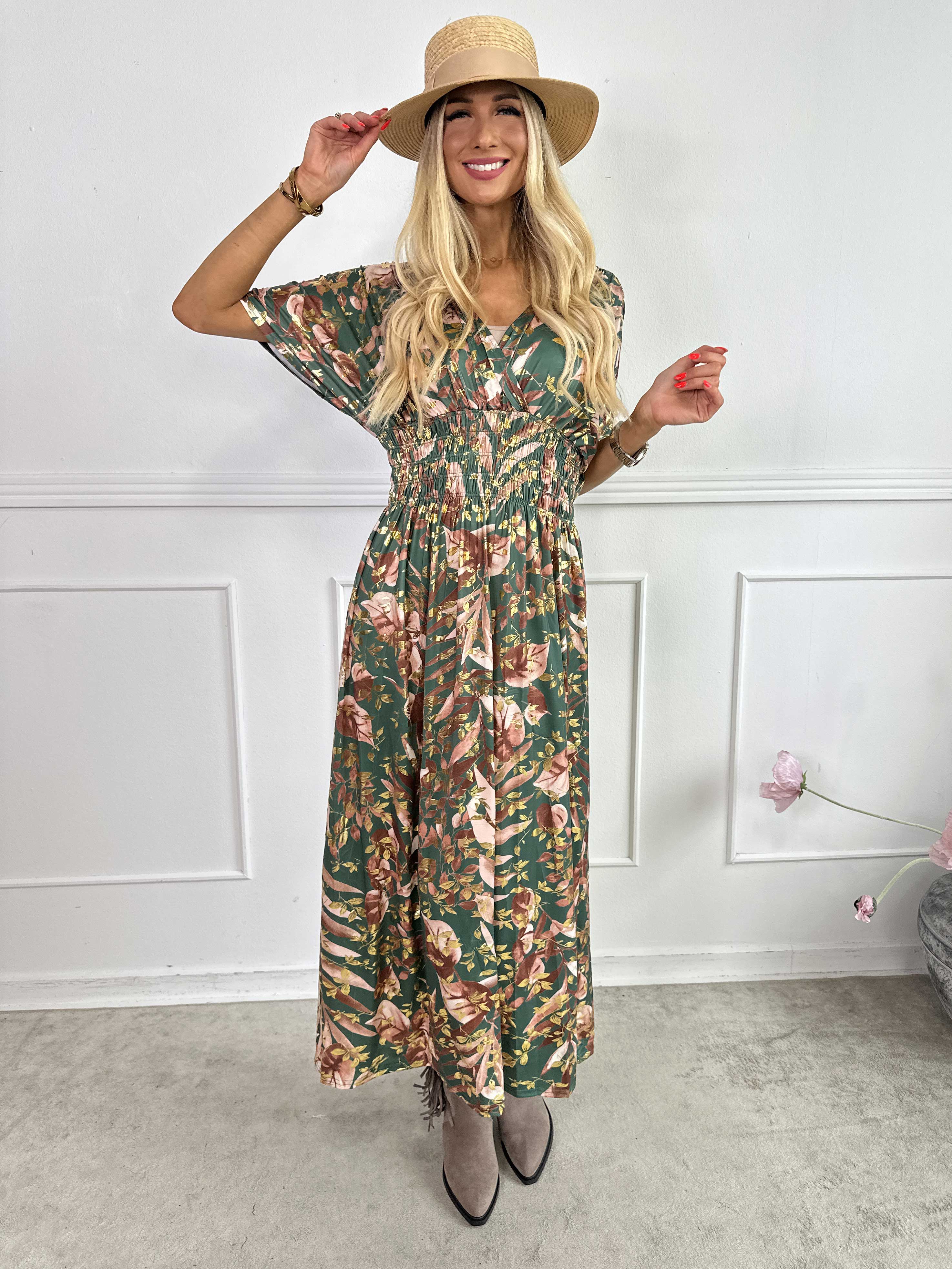 Pams Gold Leaf - Lang elastisk kjole med blomsterprint og guld detaljer