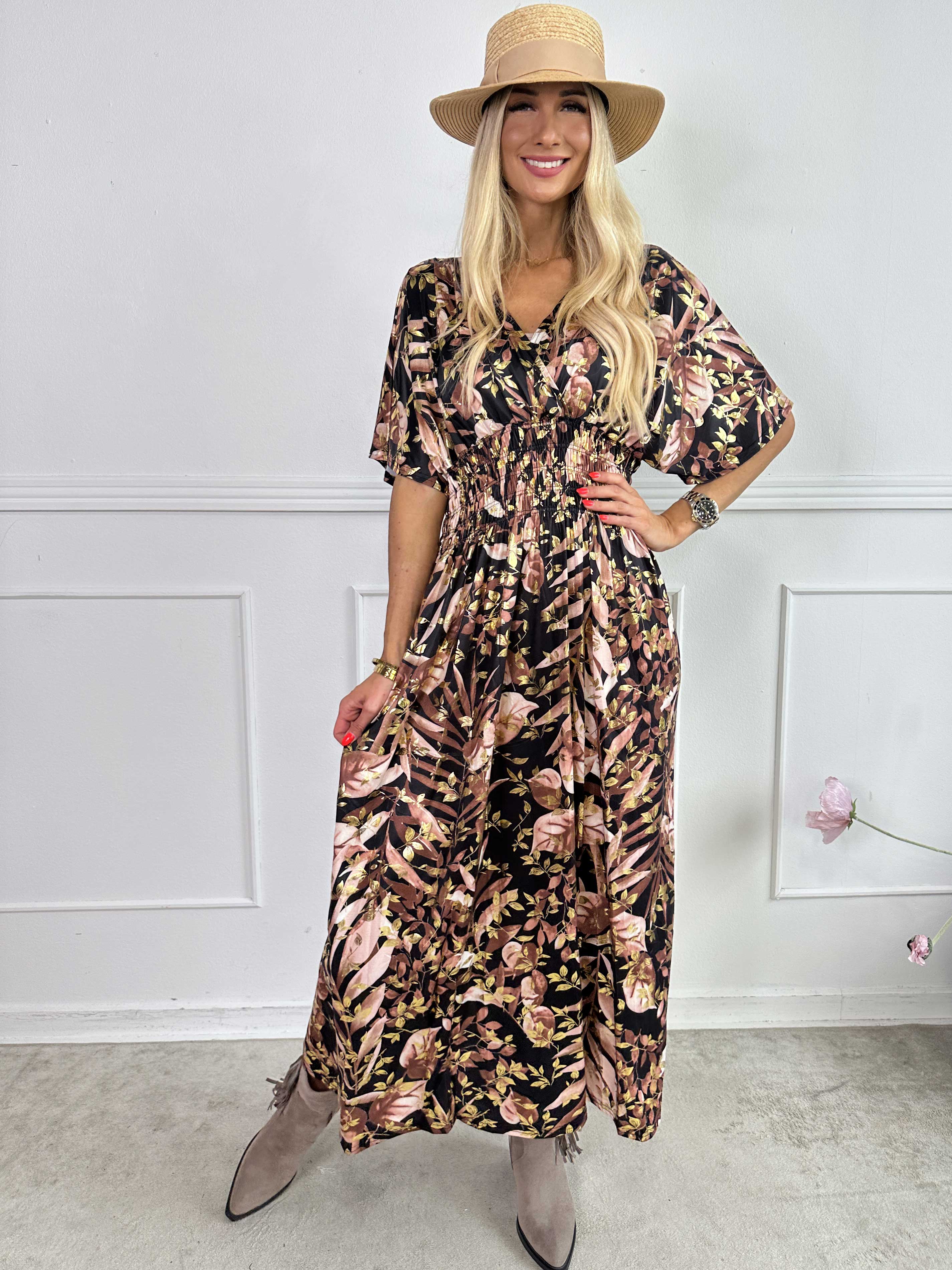 Pams Gold Leaf - Lang elastisk kjole med blomsterprint og guld detaljer