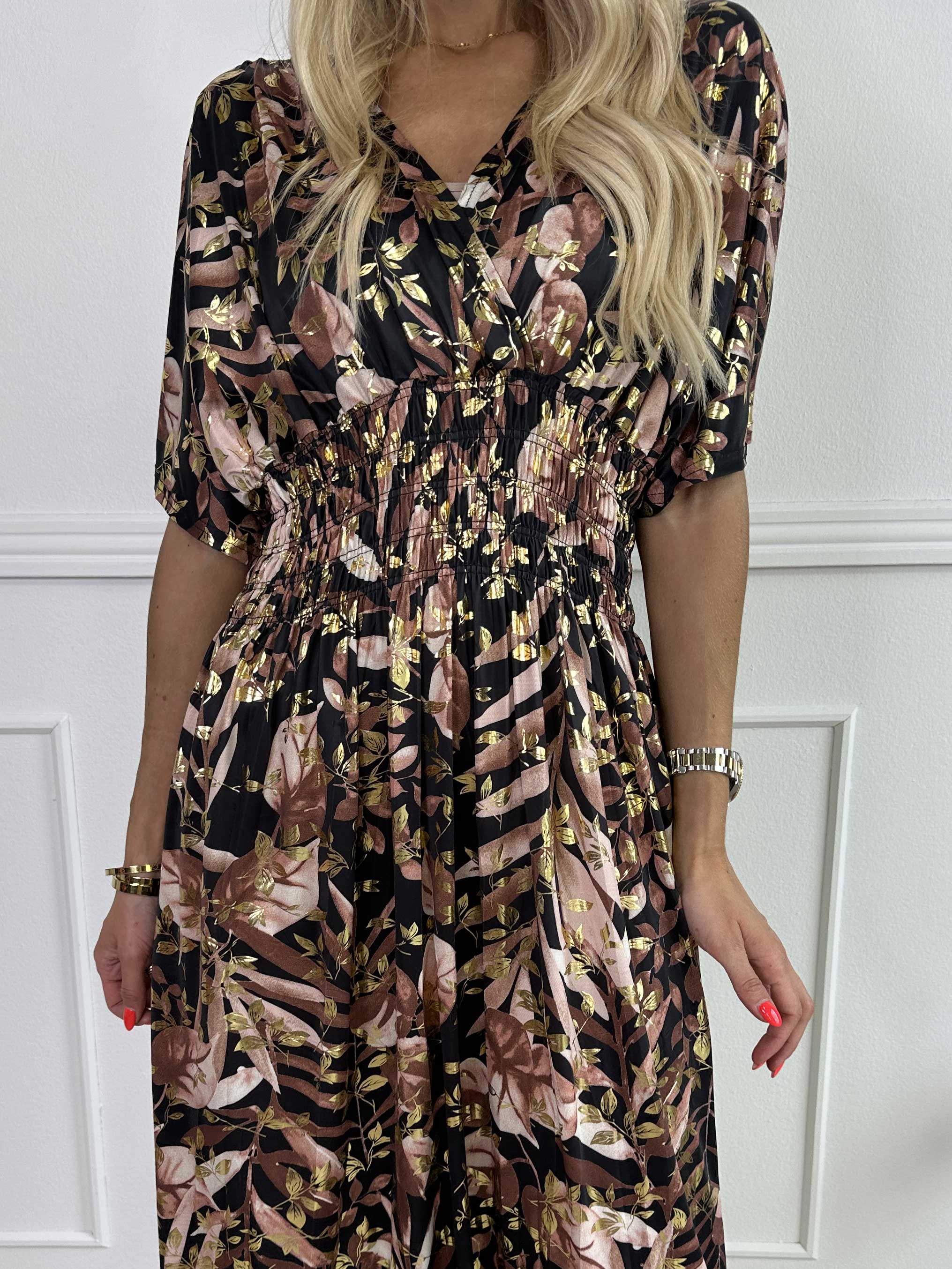 Pams Gold Leaf - Lang elastisk kjole med blomsterprint og guld detaljer