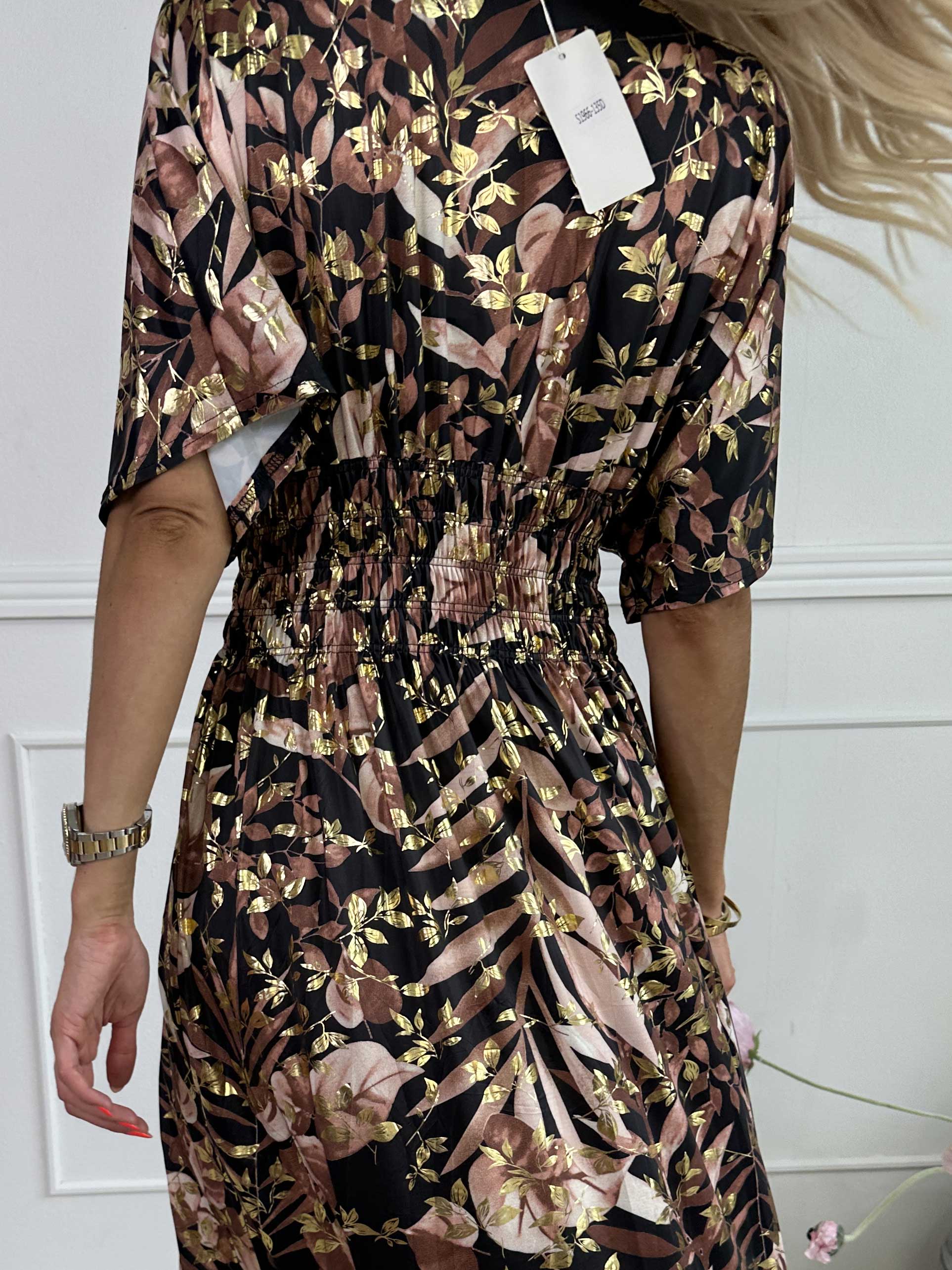 Pams Gold Leaf - Lang elastisk kjole med blomsterprint og guld detaljer