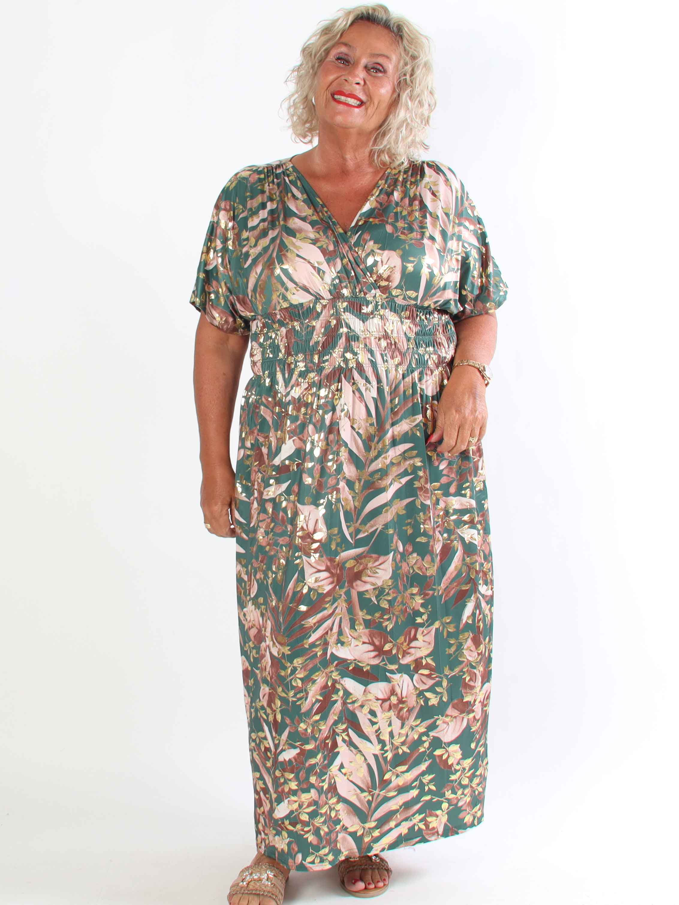 Pams Gold Leaf - Elastisk plus kjole med blomsterprint og guld detaljer