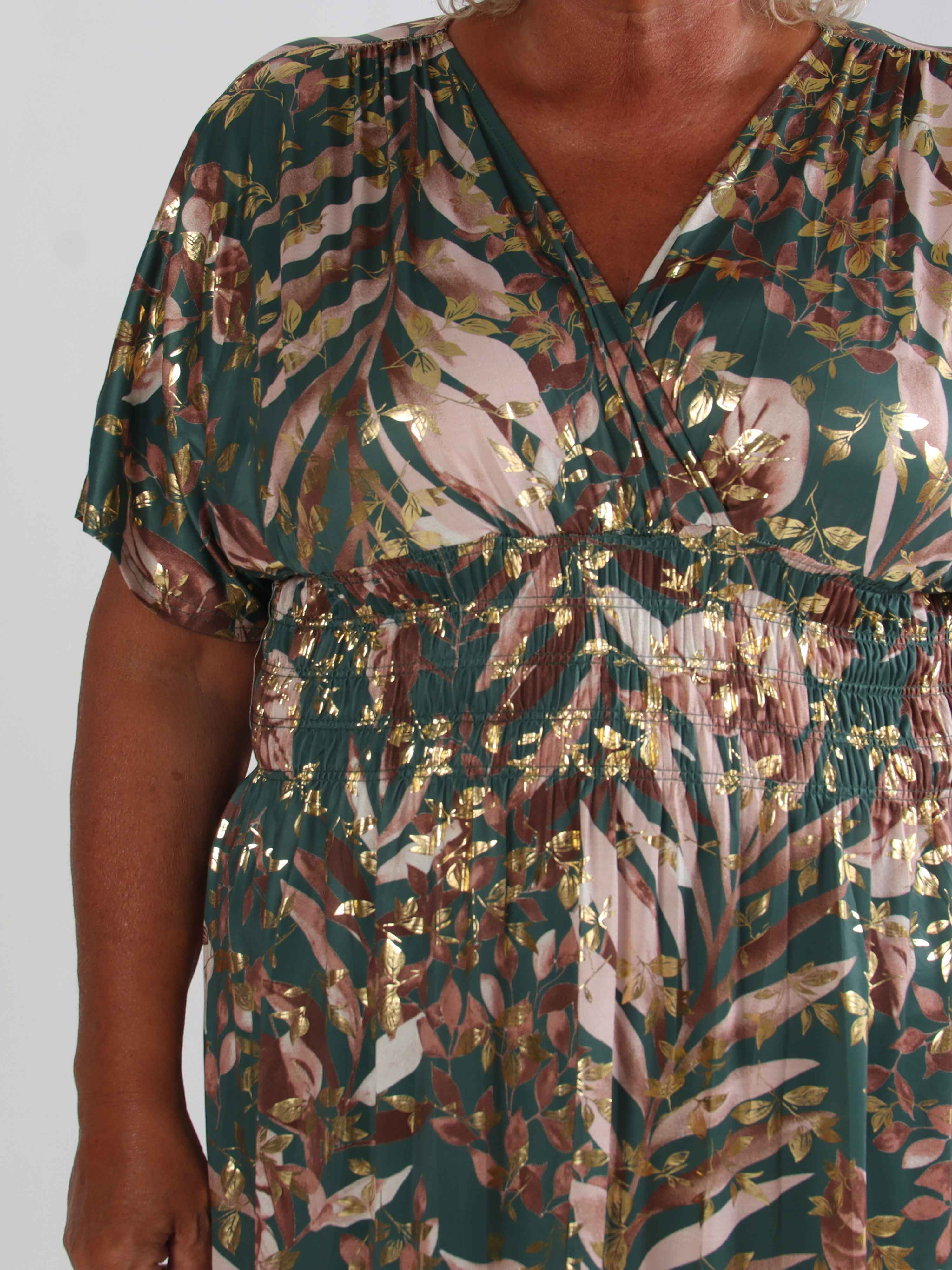 Pams Gold Leaf - Elastisk plus kjole med blomsterprint og guld detaljer