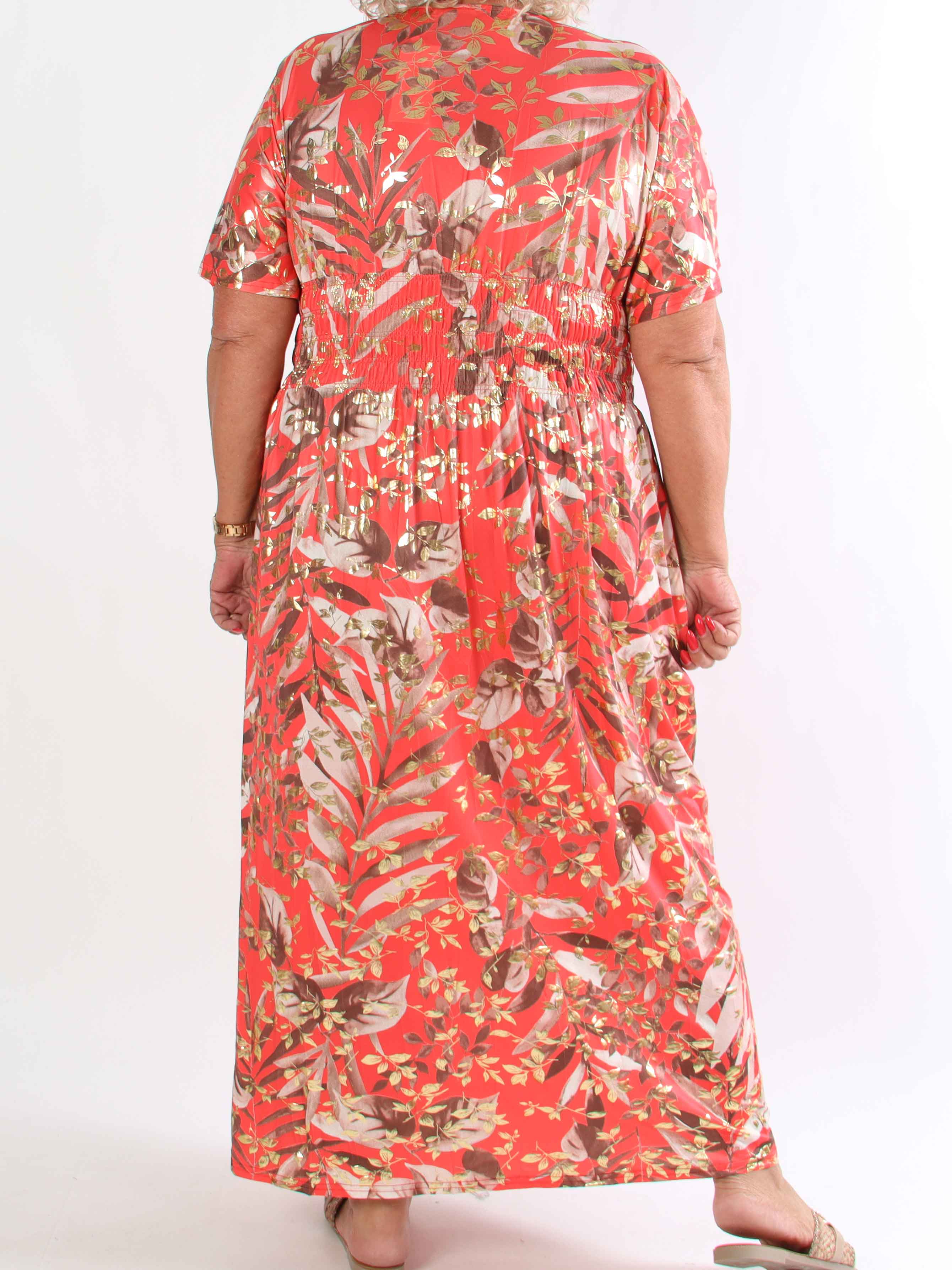 Pams Gold Leaf - Elastisk plus kjole med blomsterprint og guld detaljer