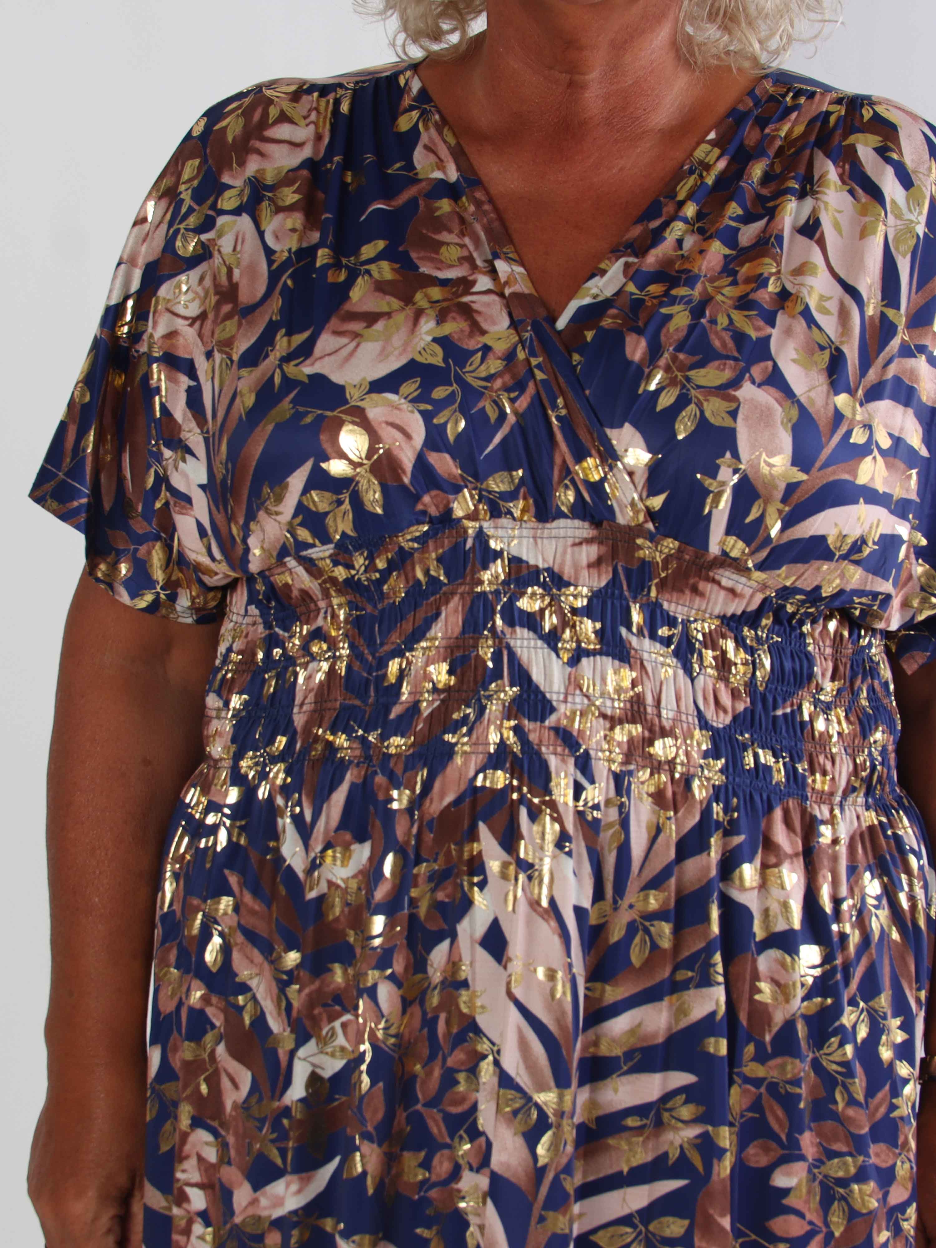 Pams Gold Leaf - Elastisk plus kjole med blomsterprint og guld detaljer