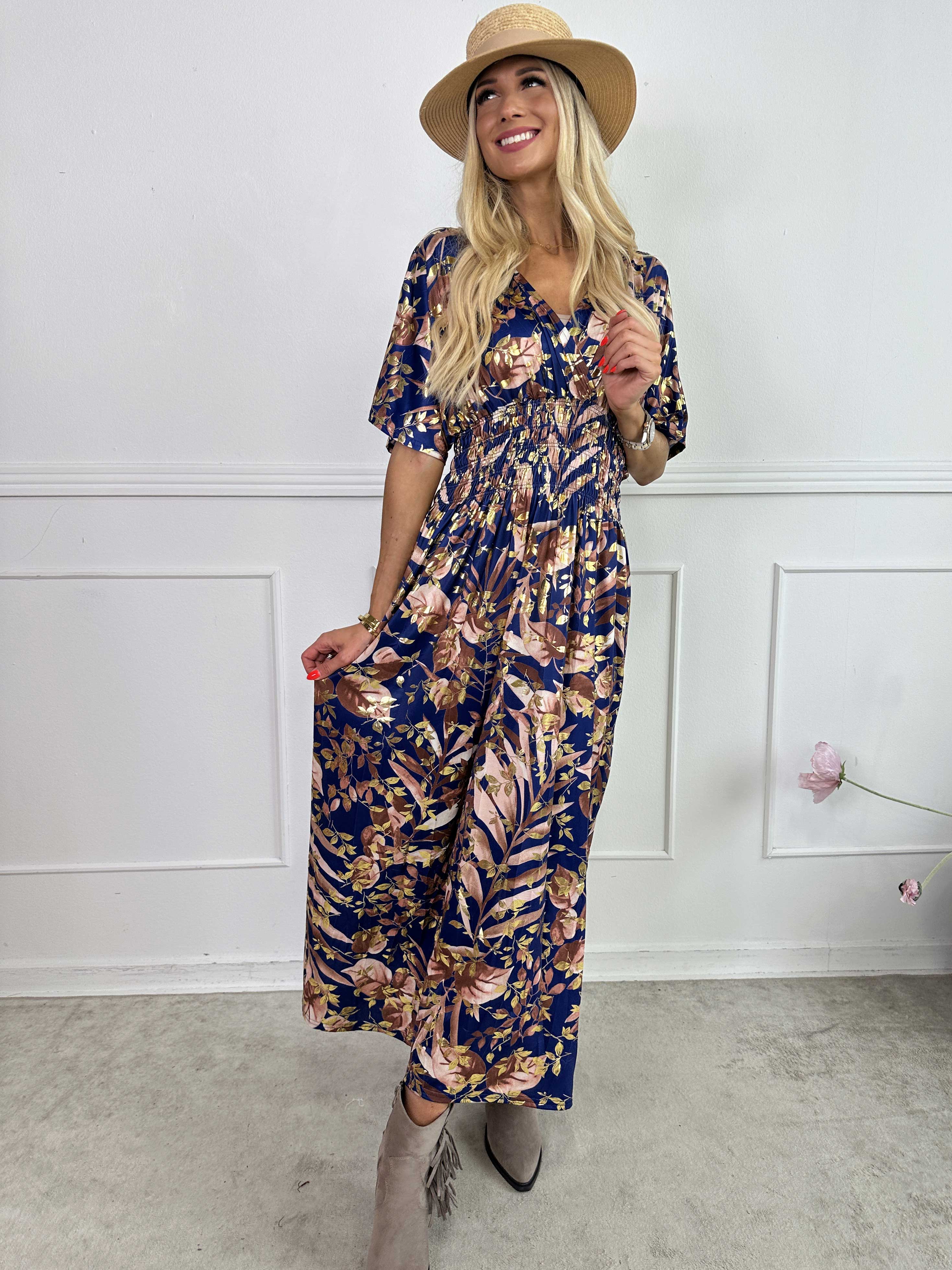 Pams Gold Leaf - Lang elastisk kjole med blomsterprint og guld detaljer