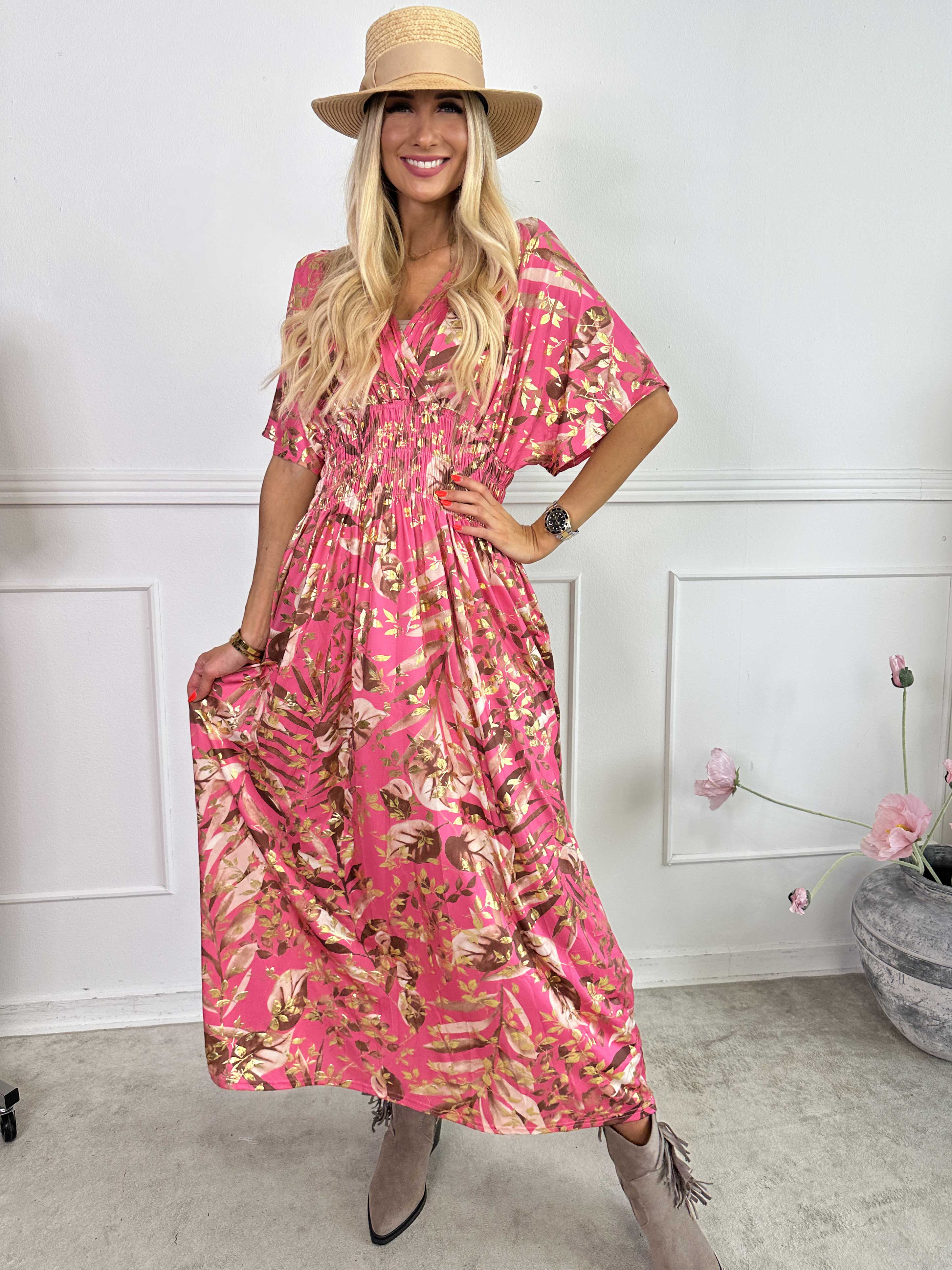 Pams Gold Leaf - Lang elastisk kjole med blomsterprint og guld detaljer