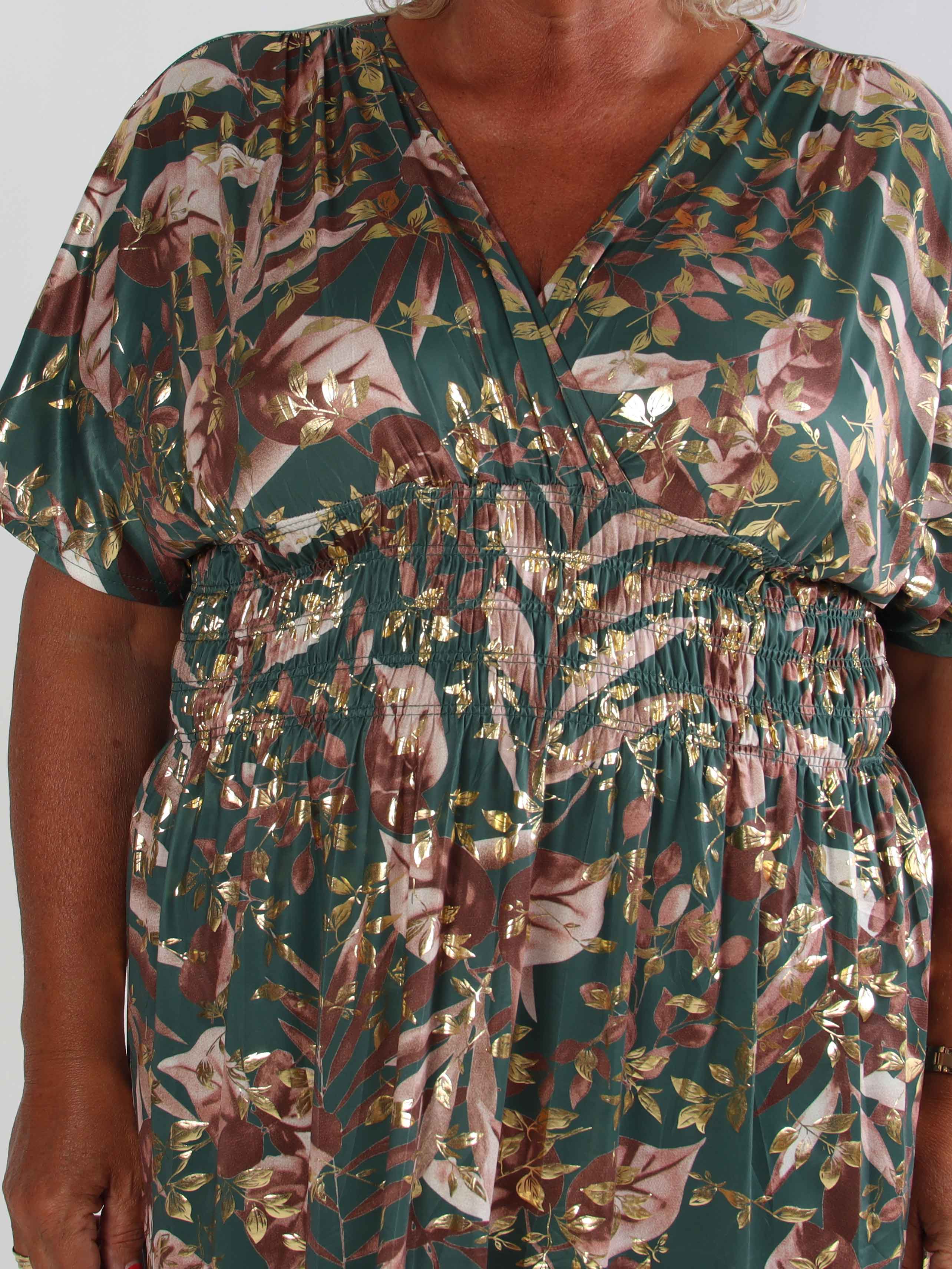 Pams Gold Leaf Short - Plus size kjole med blomsterprint og guld detaljer