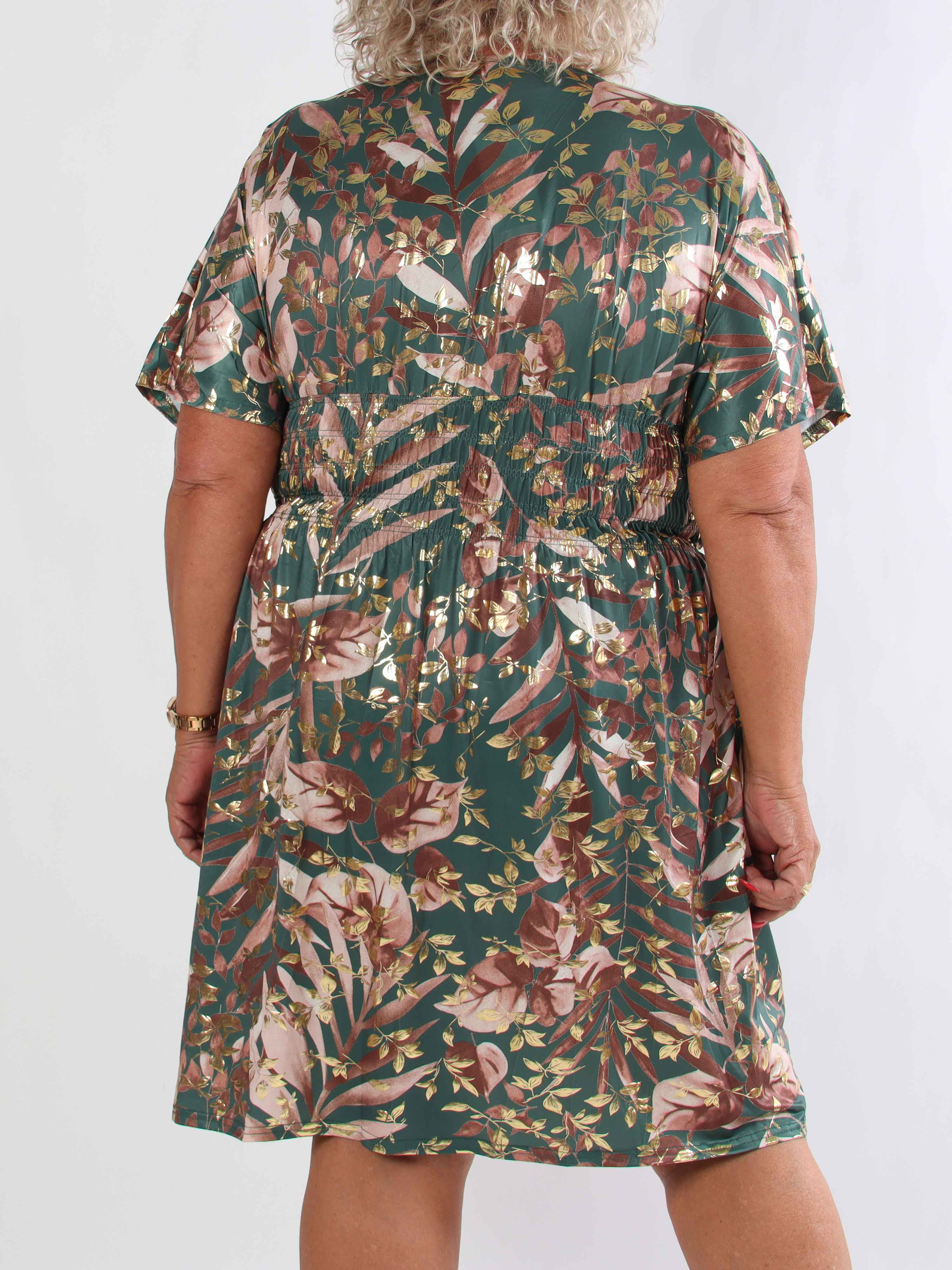Pams Gold Leaf Short - Plus size kjole med blomsterprint og guld detaljer