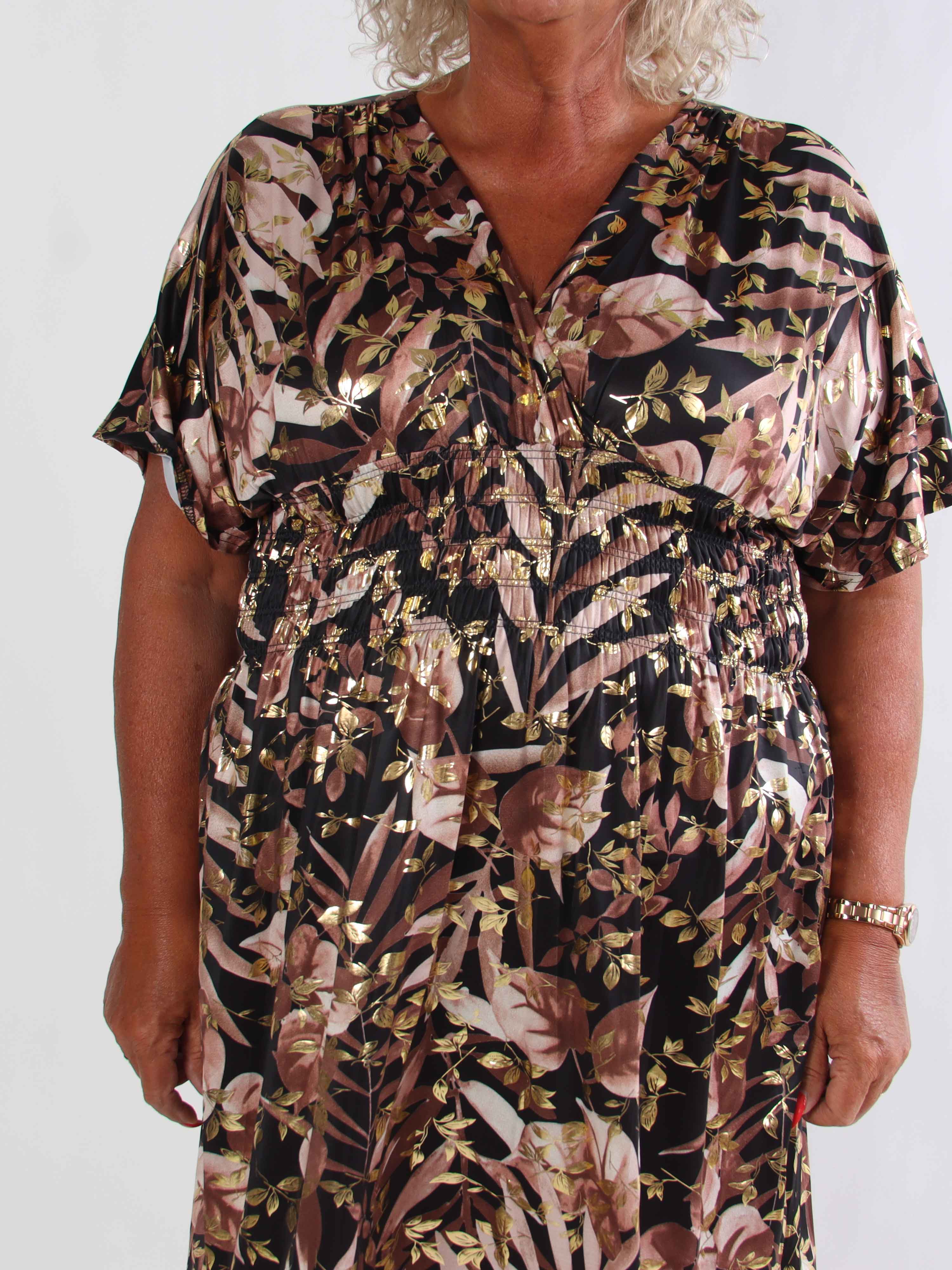 Pams Gold Leaf Short - Plus size kjole med blomsterprint og guld detaljer