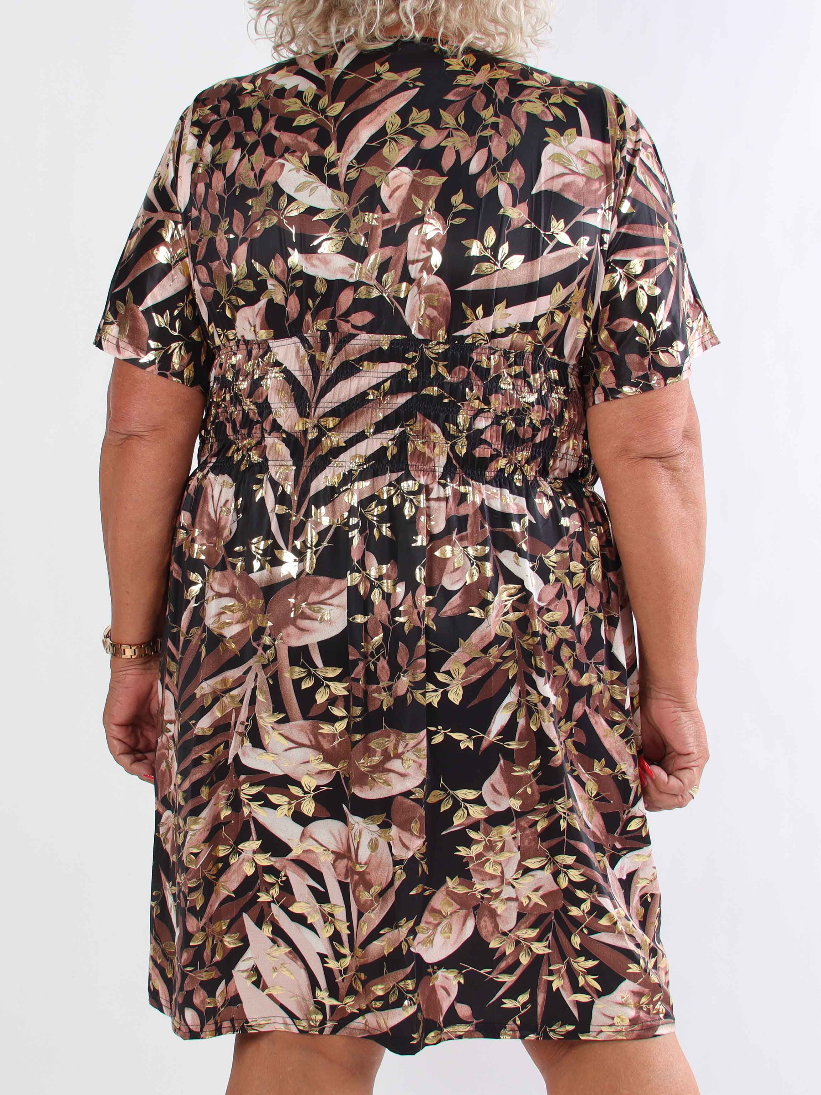 Pams Gold Leaf Short - Plus size kjole med blomsterprint og guld detaljer