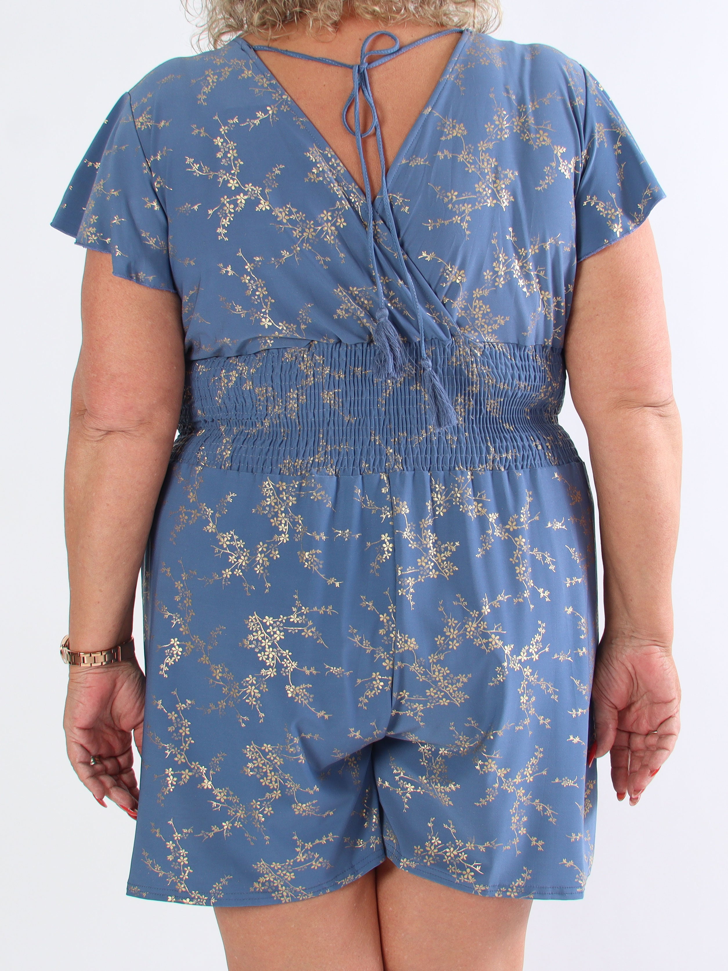 Pams Gold Playsuit - Elastisk plus size buksedragt med guld print