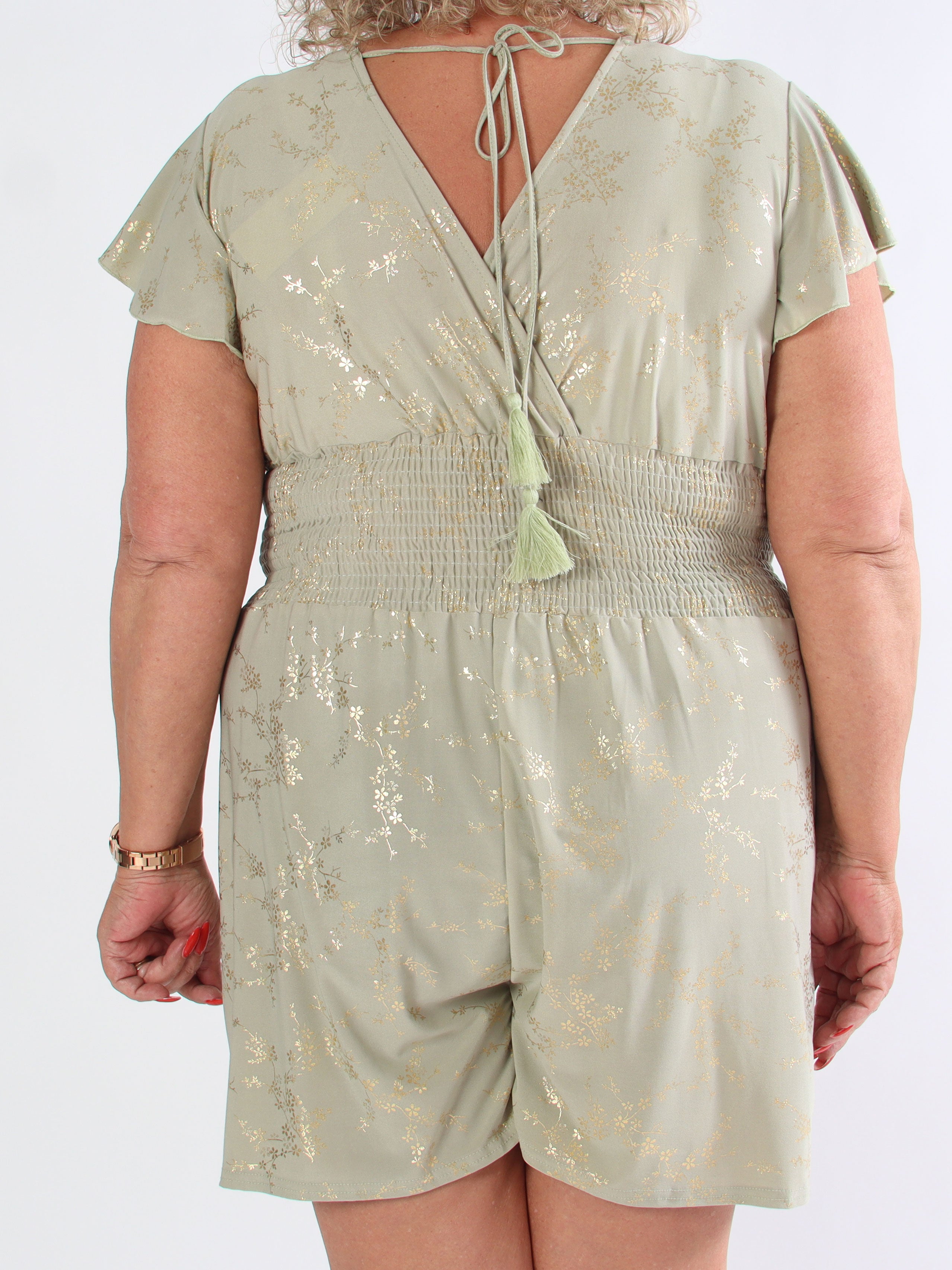 Pams Gold Playsuit - Elastisk plus size buksedragt med guld print