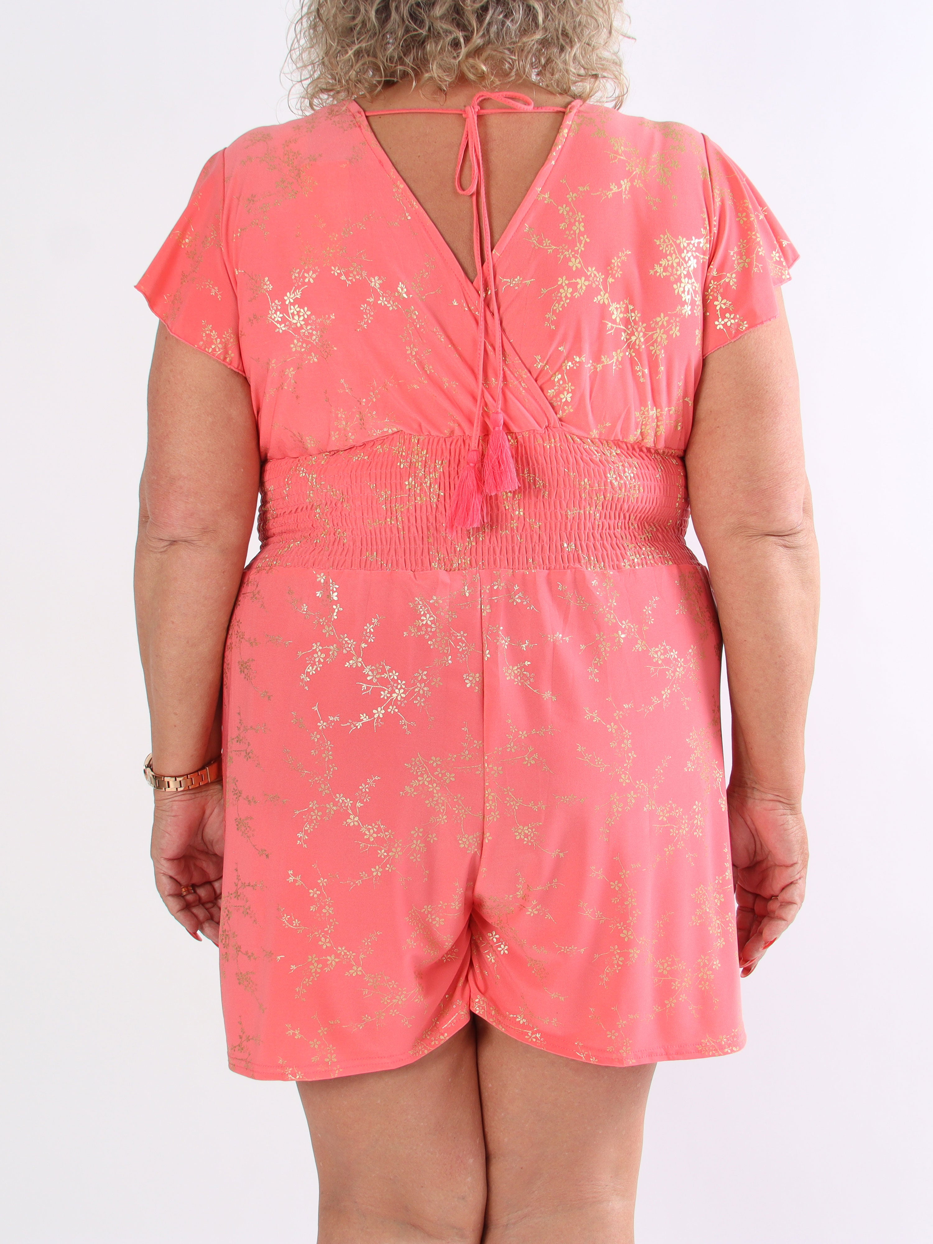 Pams Gold Playsuit - Elastisk plus size buksedragt med guld print