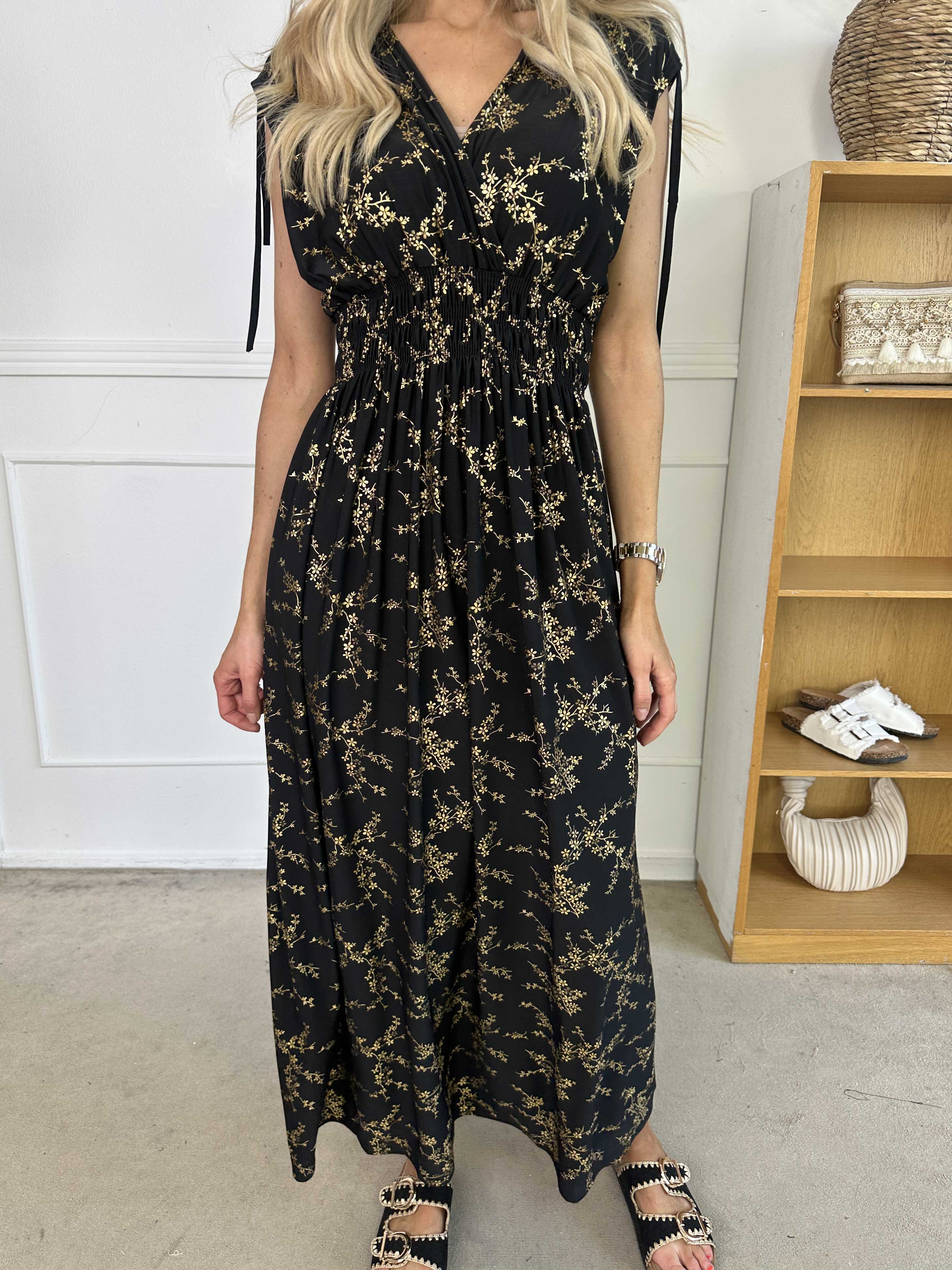 Pams Gold Sleeveless - Lang elastisk kjole med guld print