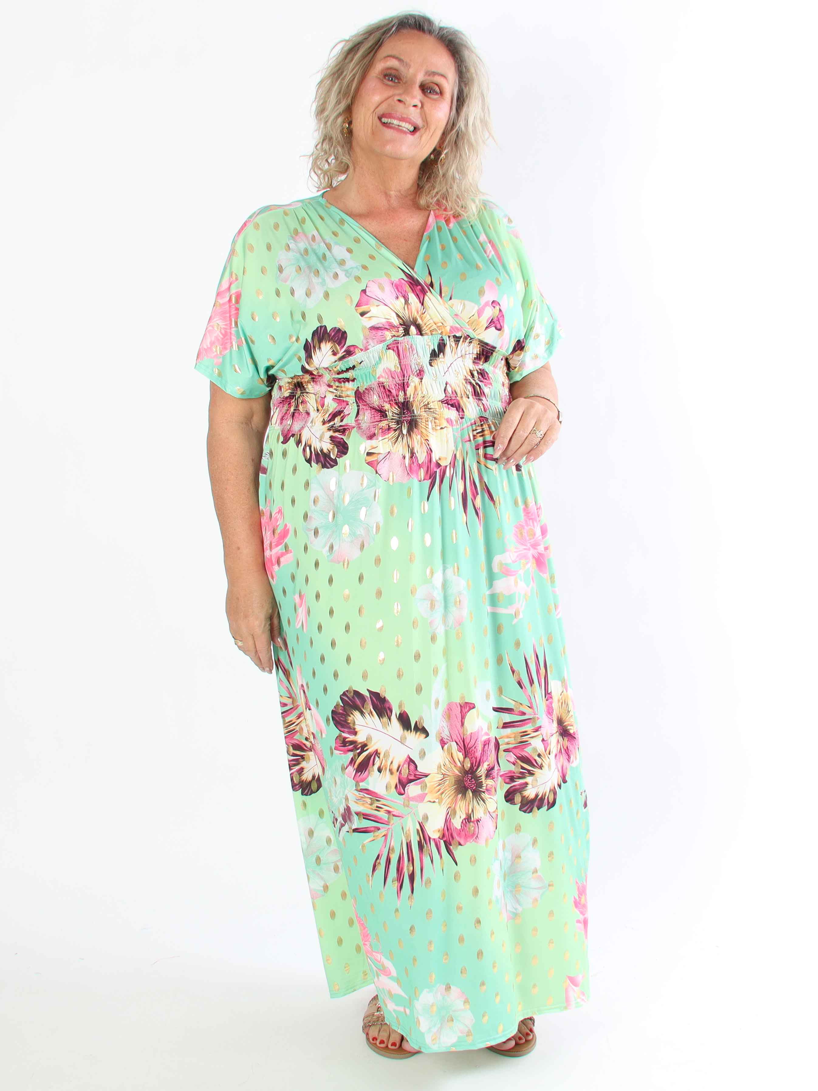 Pams Hawaii - Lang plus size kjole i elastisk stof med blomsterprint