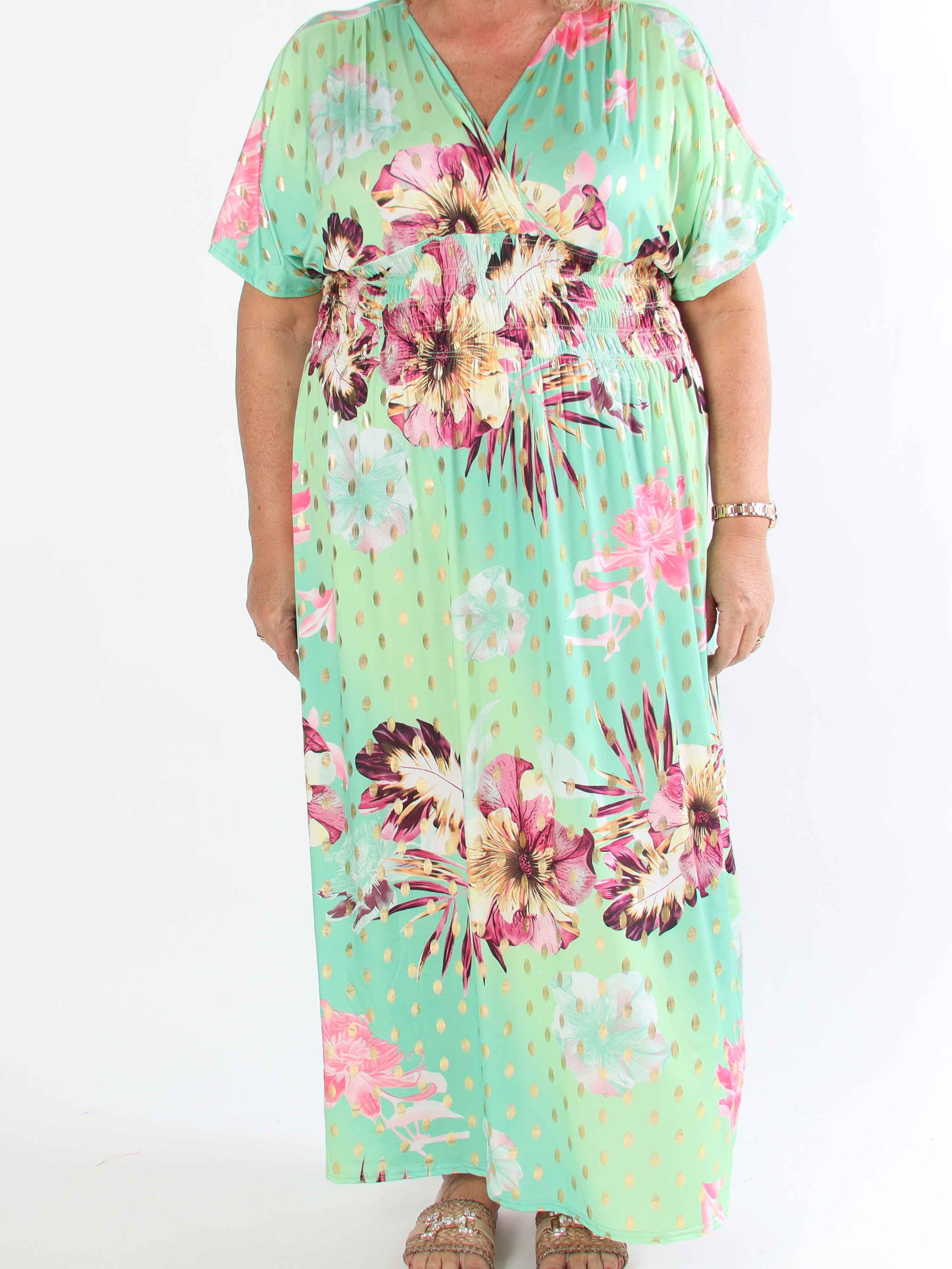 Pams Hawaii - Lang plus size kjole i elastisk stof med blomsterprint