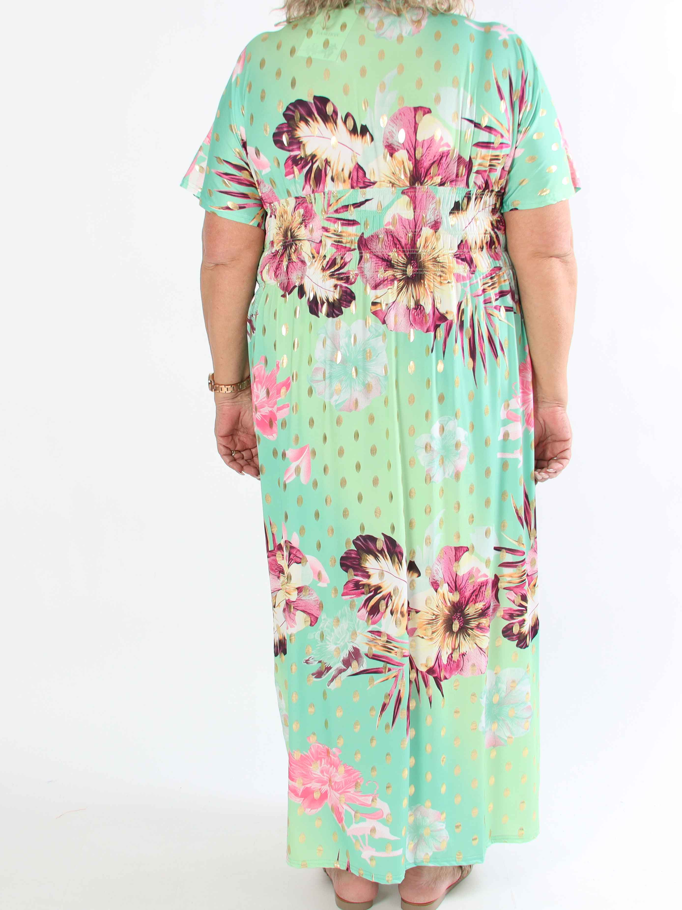 Pams Hawaii - Lang plus size kjole i elastisk stof med blomsterprint
