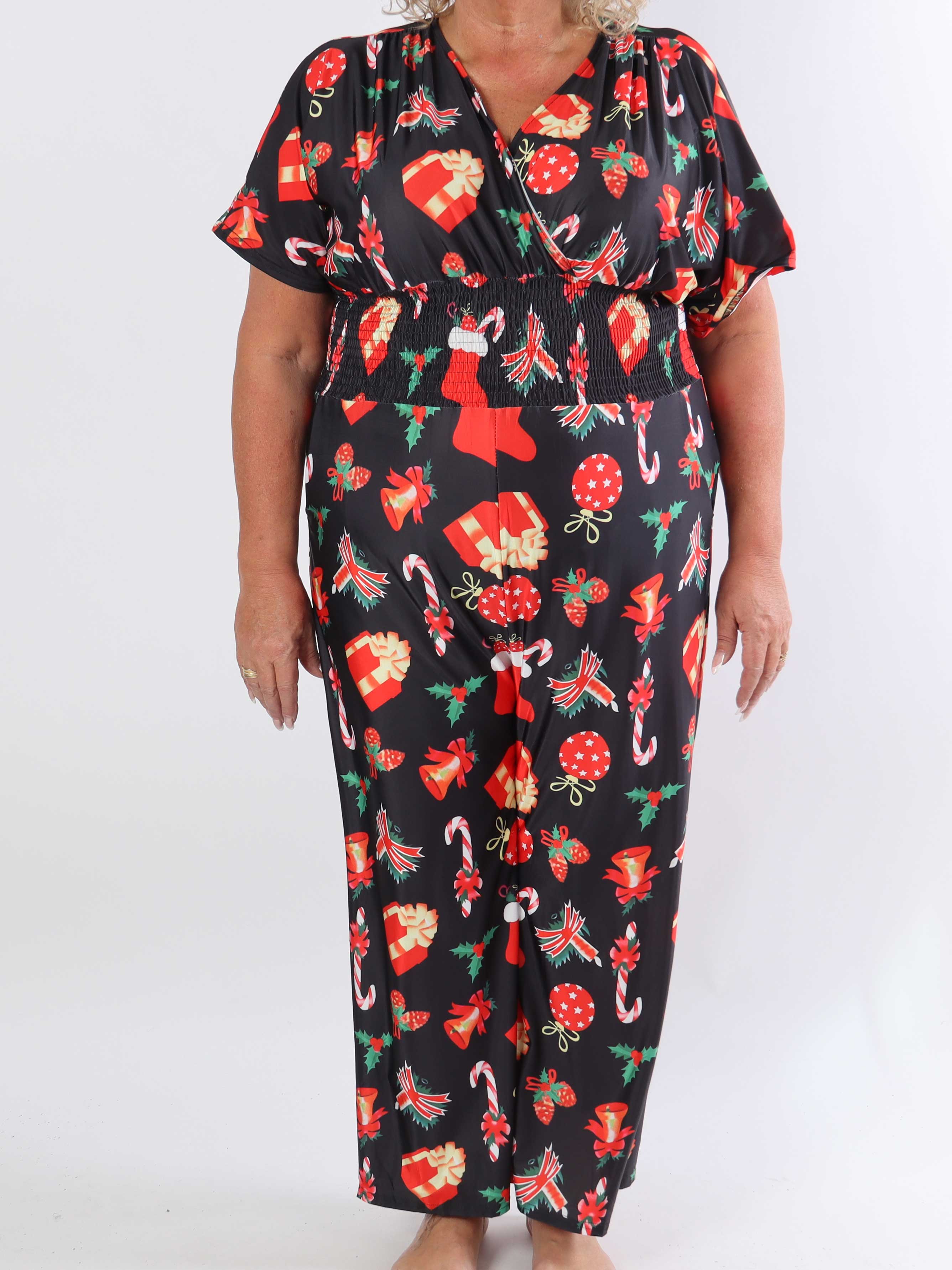 Pams Holiday Jumpsuit - Elastisk plus size buksedragt med julemotiver