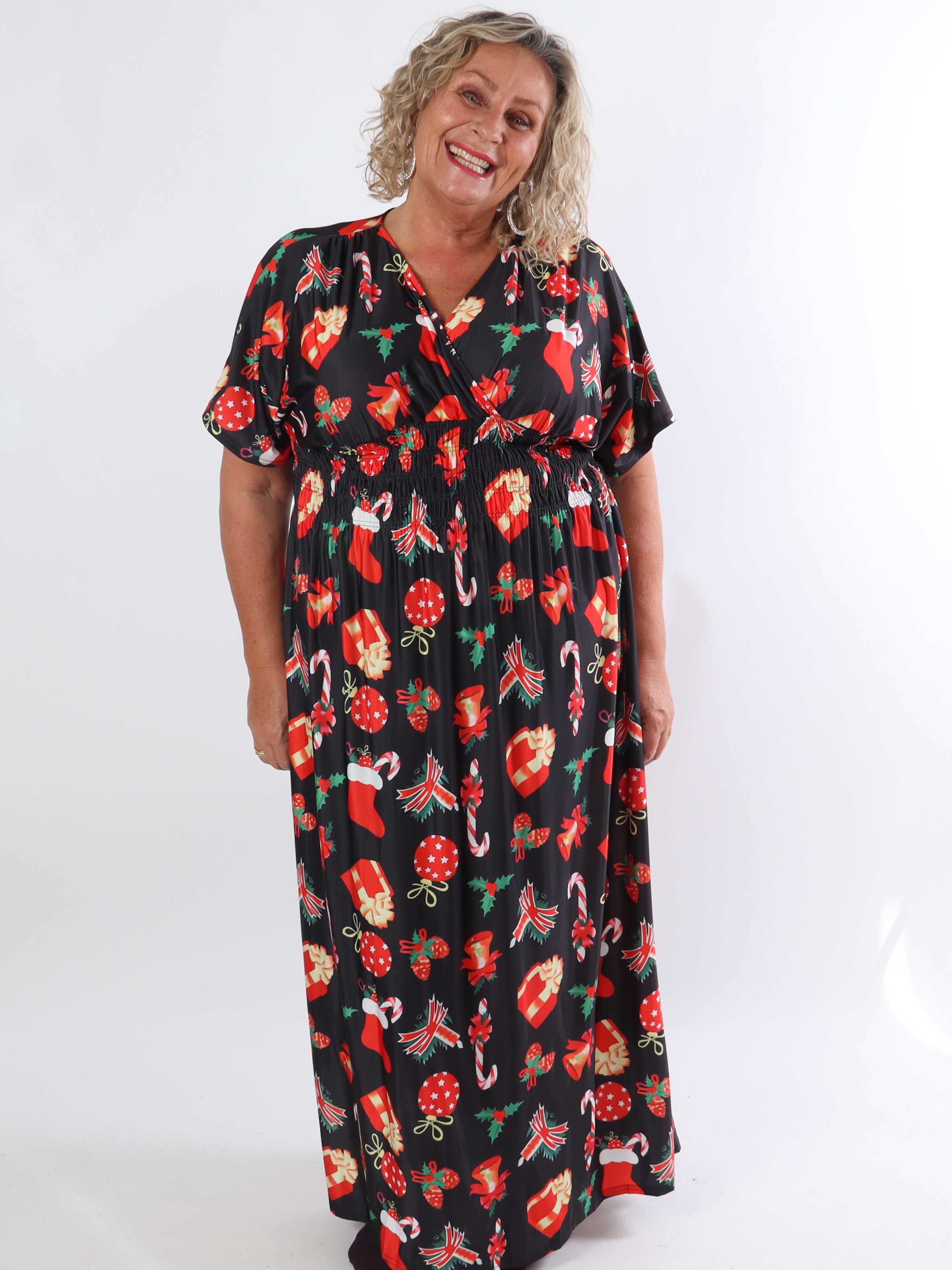 Pams Holiday - Lang elastisk plus size kjole med julemotiver