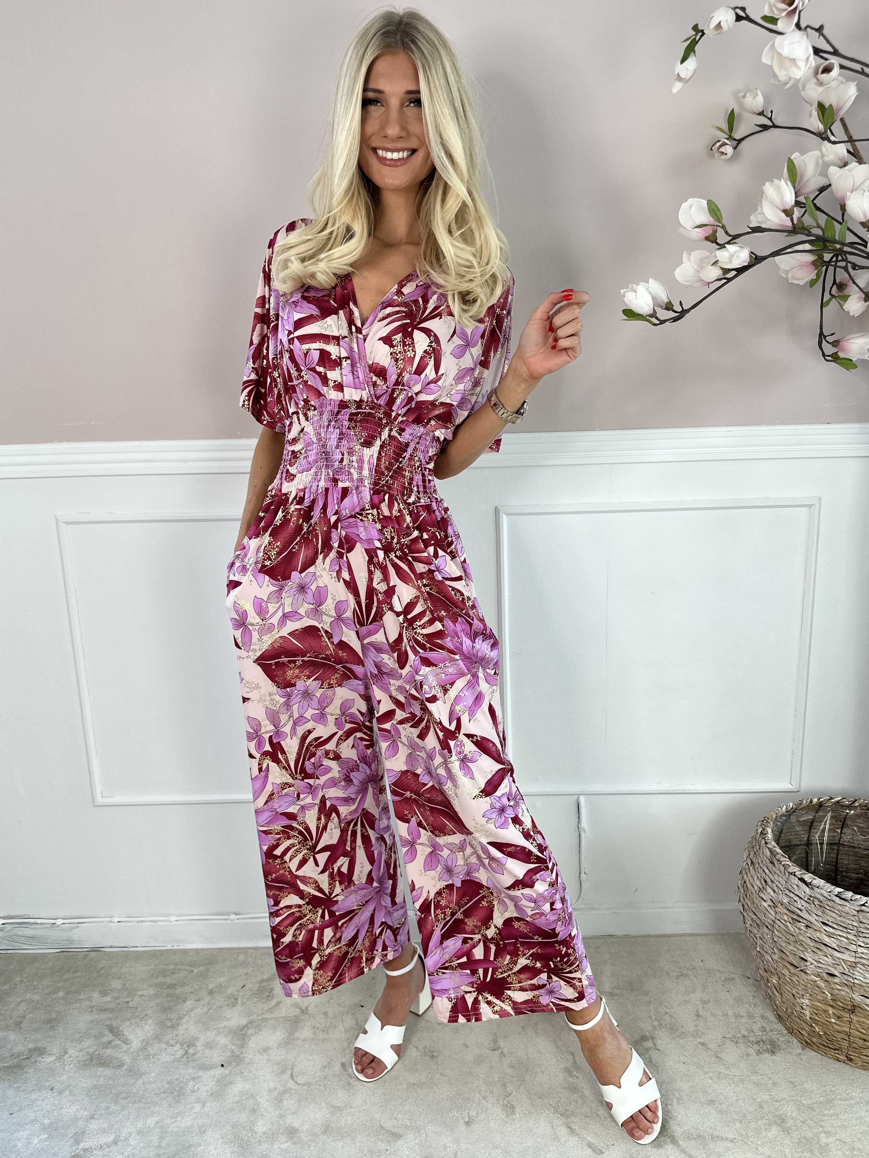 Pams Jumpsuit - Elastisk buksedragt med bladmønster