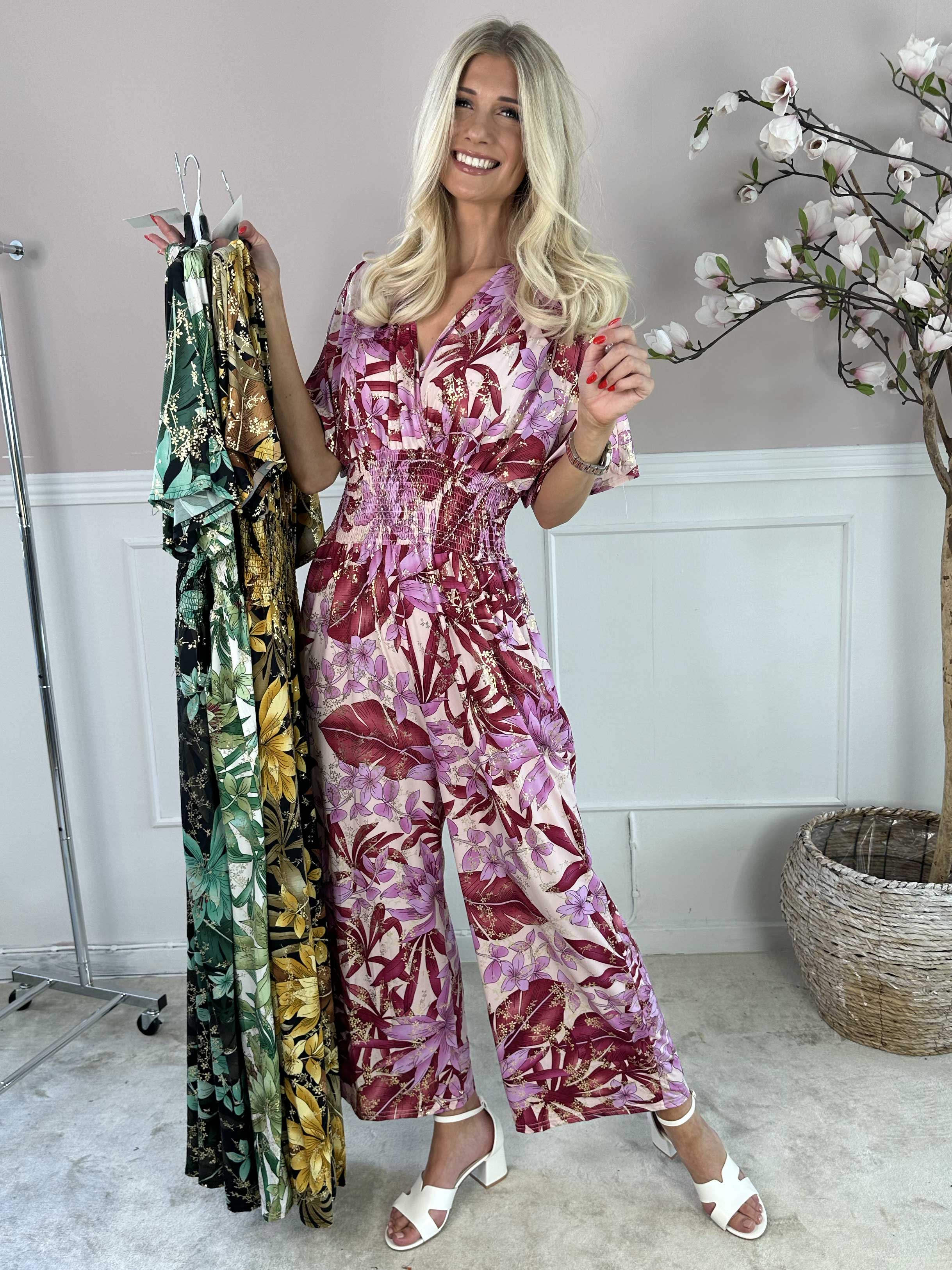 Pams Jumpsuit - Elastisk buksedragt med bladmønster