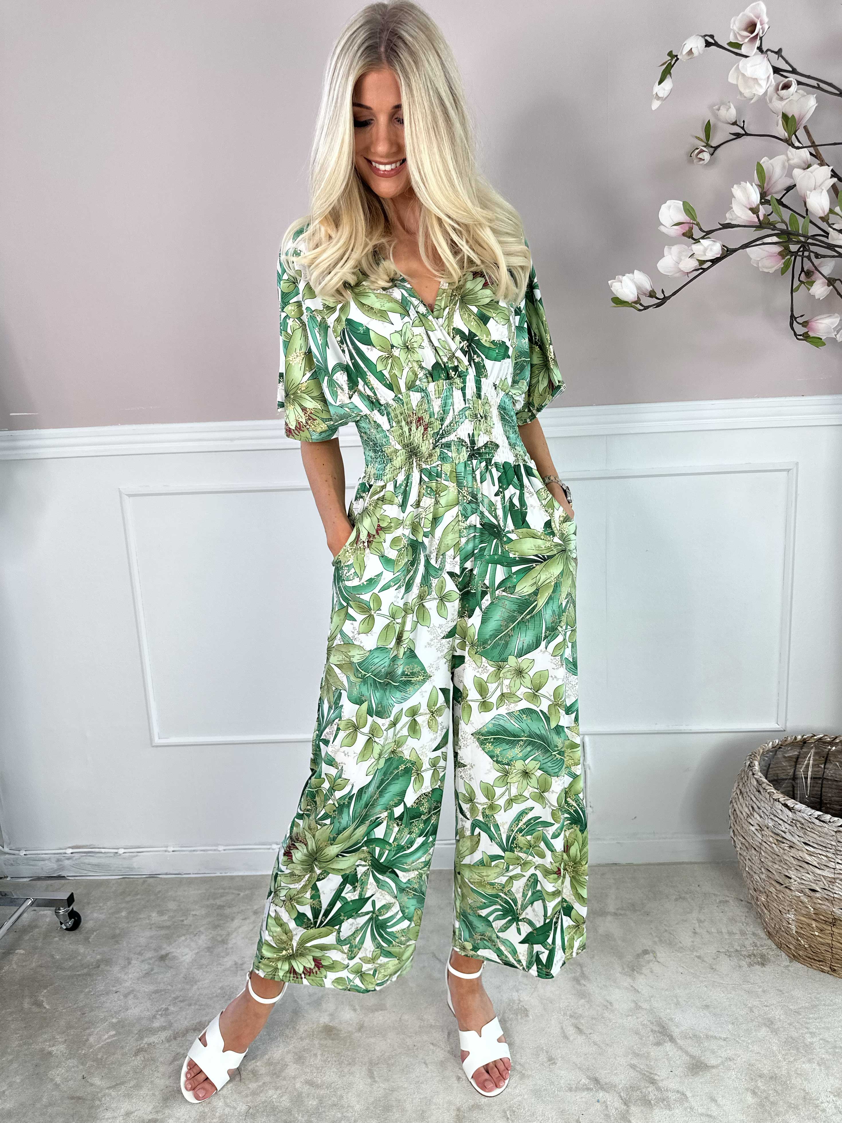Pams Jumpsuit - Elastisk buksedragt med bladmønster